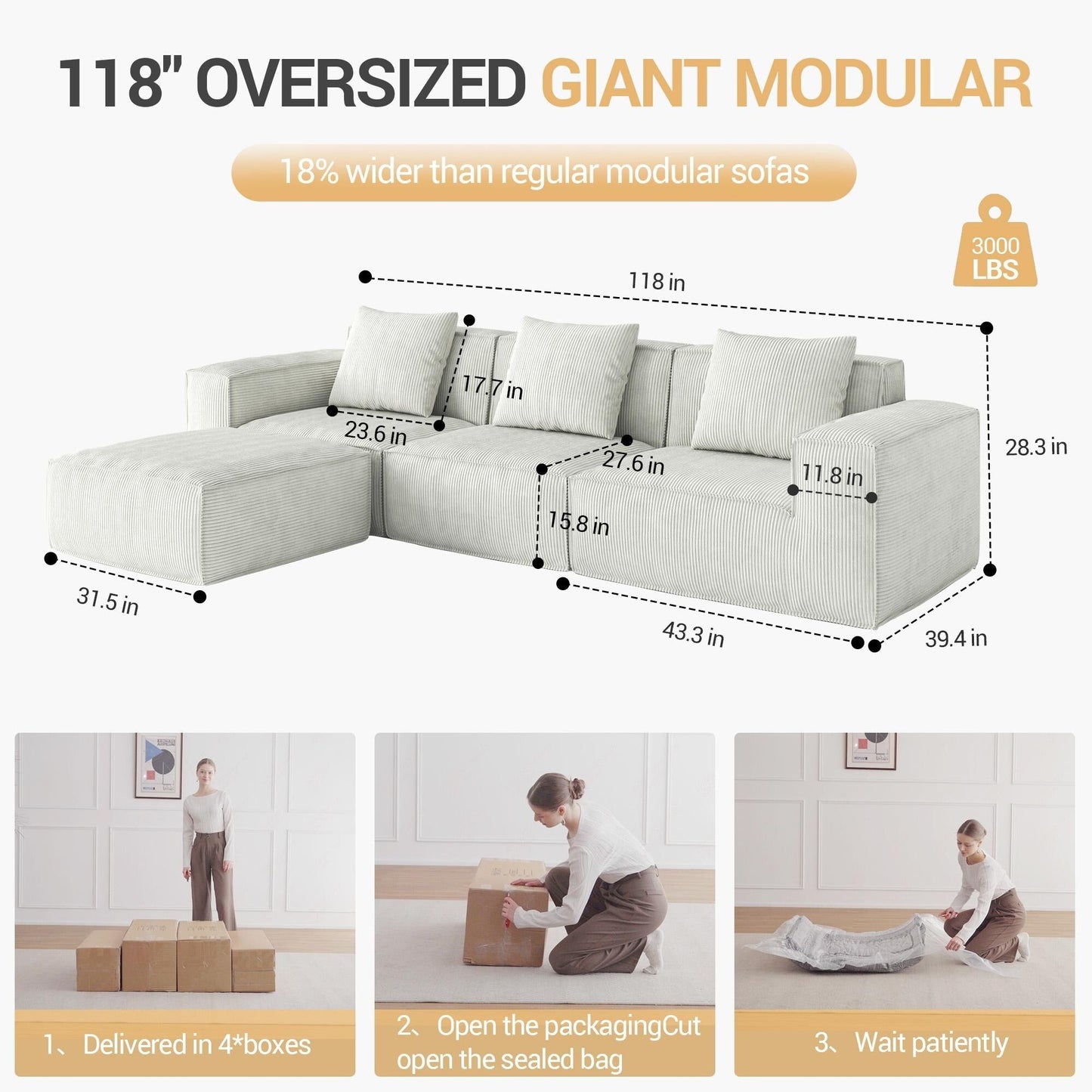Canapé-lit modulable 3 places blanc de 118 pouces avec repose-pieds