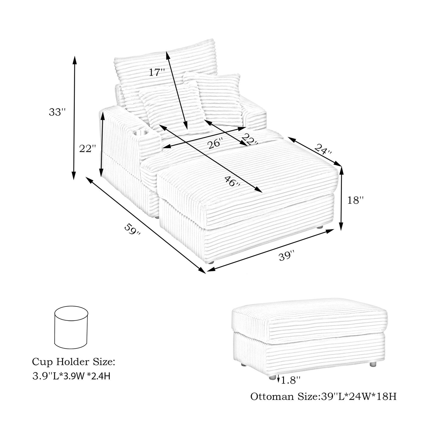 Fauteuil-canapé simple rembourré en velours côtelé blanc 39,37 po avec pouf et porte-gobelet pour le salon