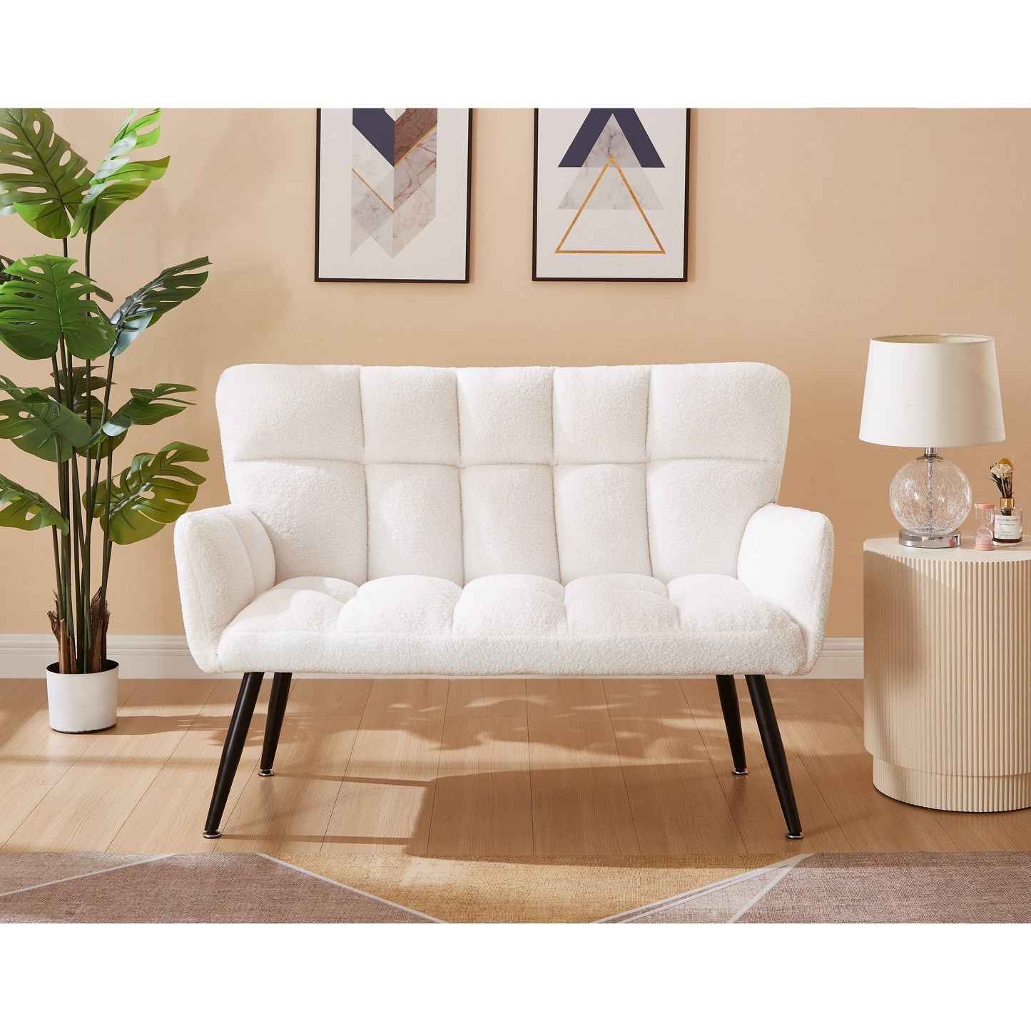 Canapé causeuse Teddy blanc 52 avec dossiers matelassés et cadre en bois dur pour le salon.