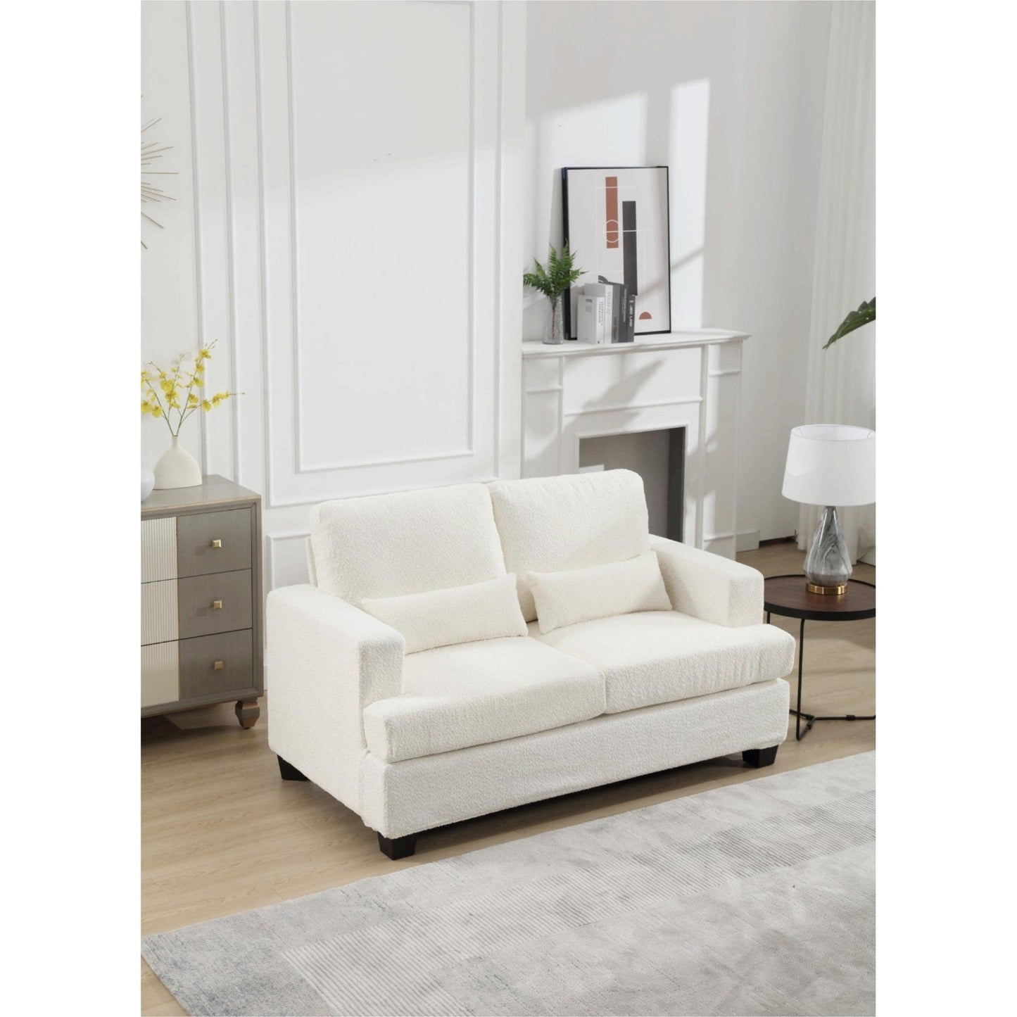 Canapé 2 places en tissu blanc de 63 pouces avec assise profonde et 3 coussins