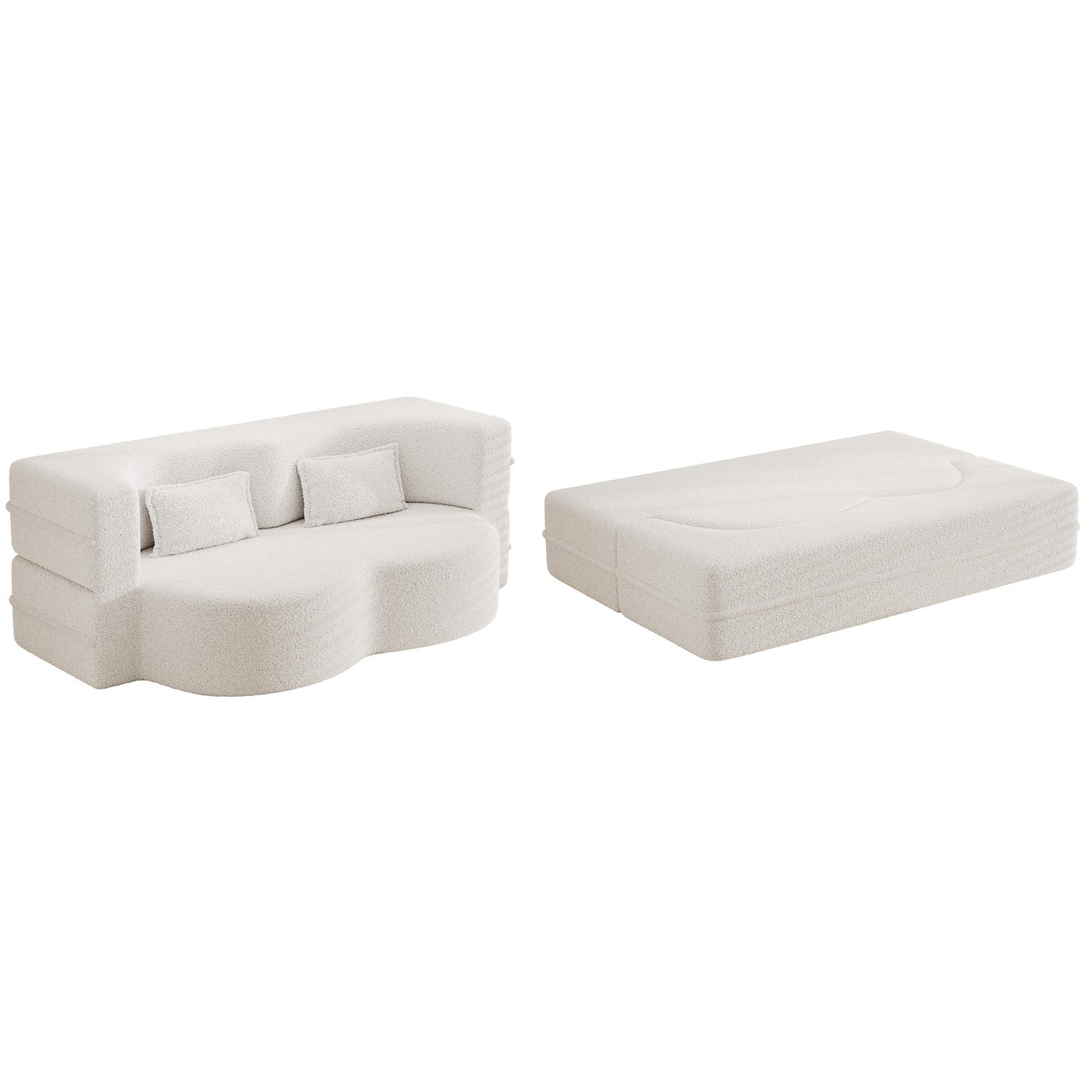 Canapé-lit convertible en tissu Teddy blanc 78 pouces, garni de mousse, avec 2 oreillers et matelas pliant, pour le salon