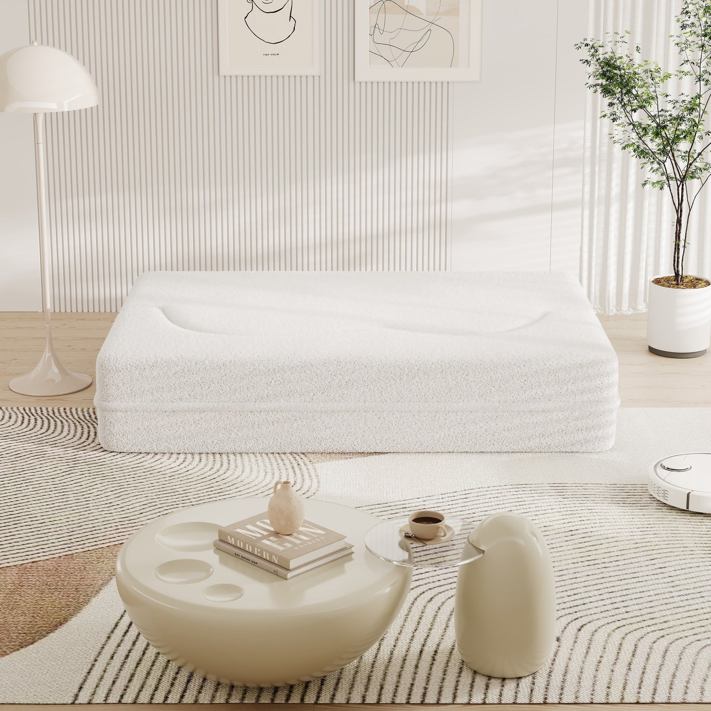 Canapé-lit convertible en tissu Teddy blanc 78 pouces, garni de mousse, avec 2 oreillers et matelas pliant, pour le salon