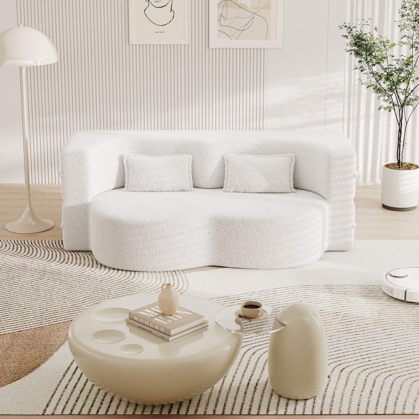 Canapé-lit convertible en tissu Teddy blanc 78 pouces, garni de mousse, avec 2 oreillers et matelas pliant, pour le salon