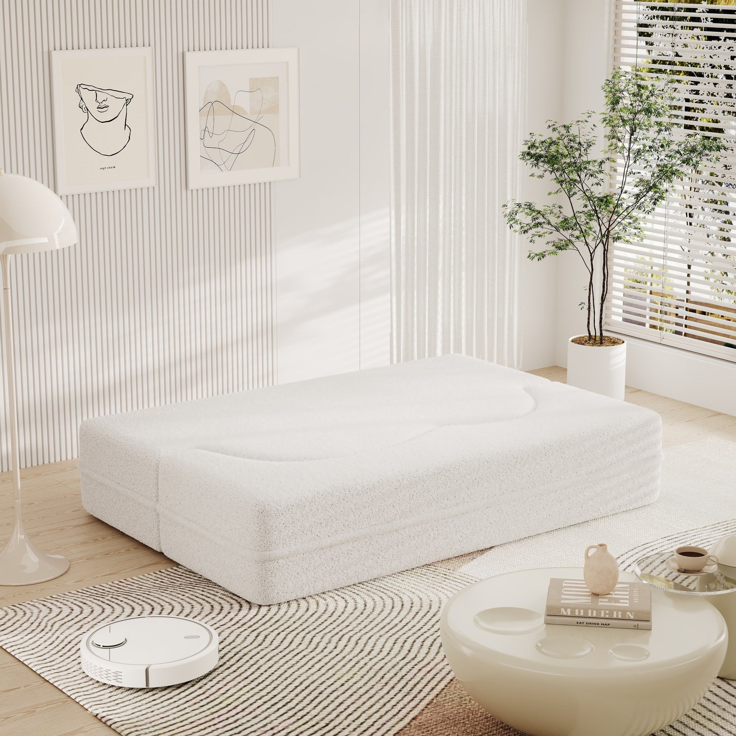 Canapé-lit convertible en tissu Teddy blanc 78 pouces, garni de mousse, avec 2 oreillers et matelas pliant, pour le salon