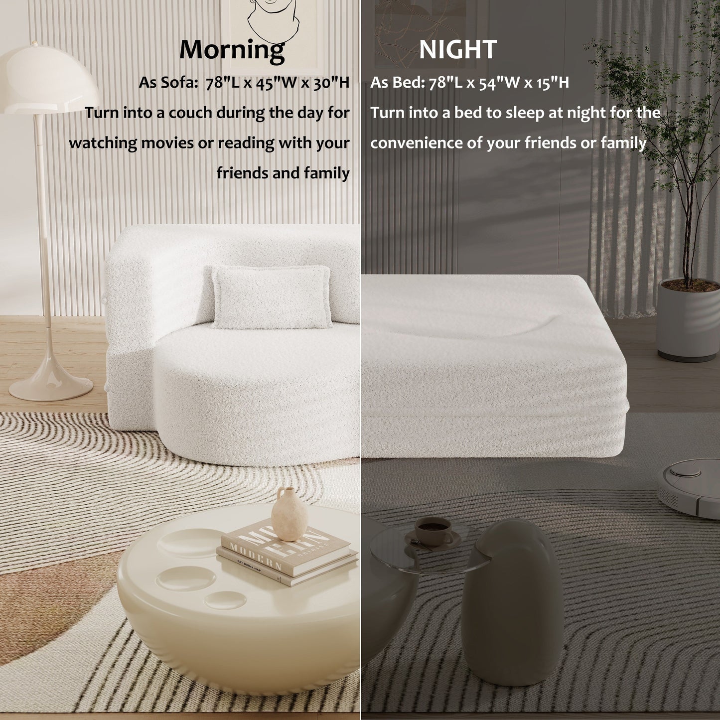 Canapé-lit convertible en tissu Teddy blanc 78 pouces, garni de mousse, avec 2 oreillers et matelas pliant, pour le salon