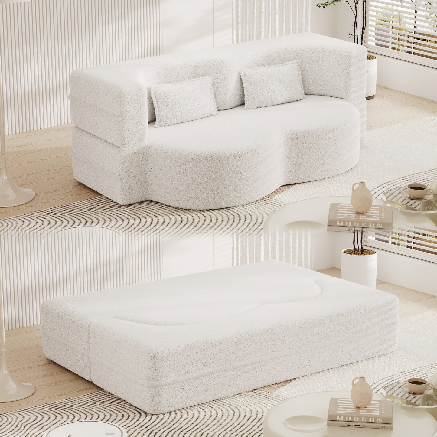 Canapé-lit convertible en tissu Teddy blanc 78 pouces, garni de mousse, avec 2 oreillers et matelas pliant, pour le salon