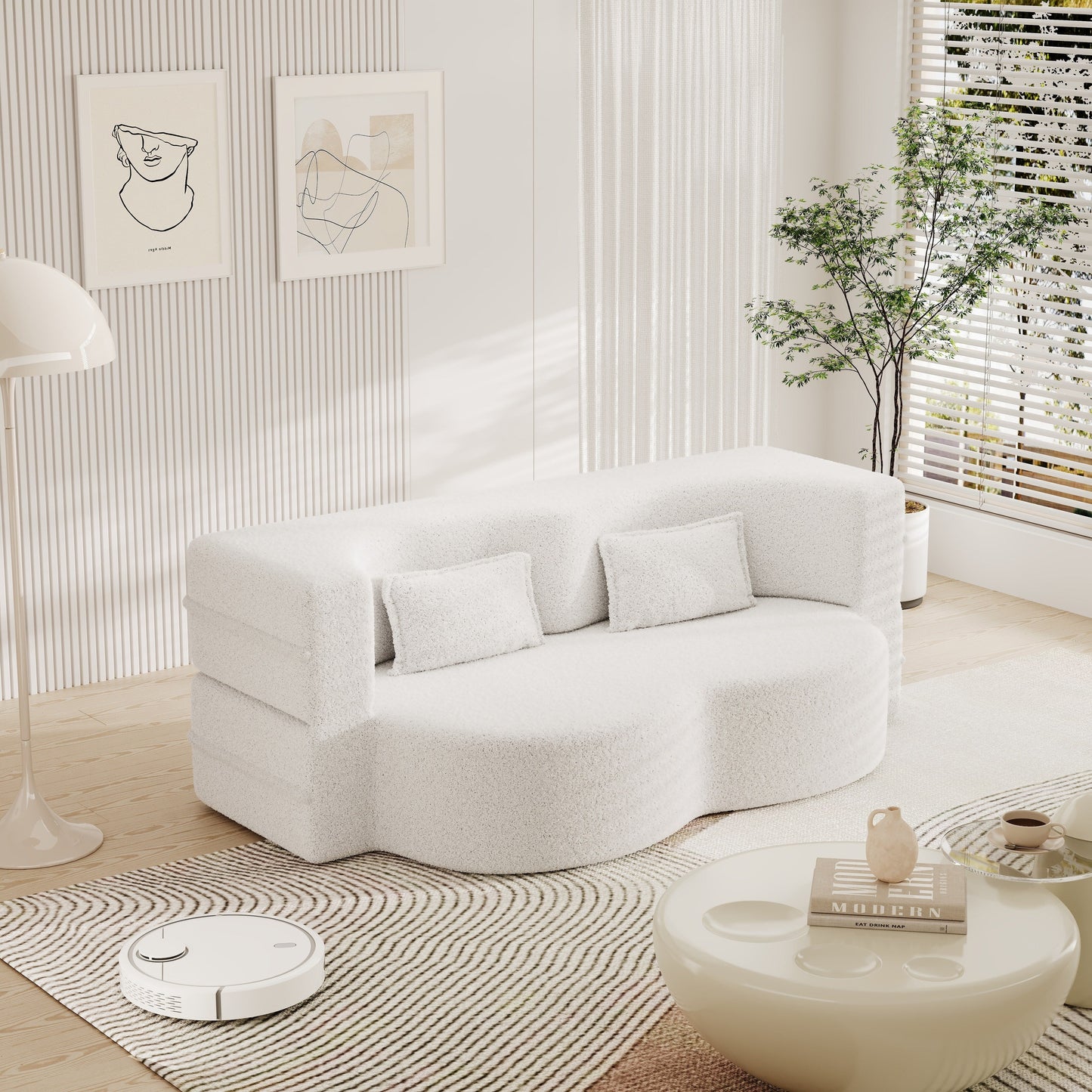Canapé-lit convertible en tissu Teddy blanc 78 pouces, garni de mousse, avec 2 oreillers et matelas pliant, pour le salon