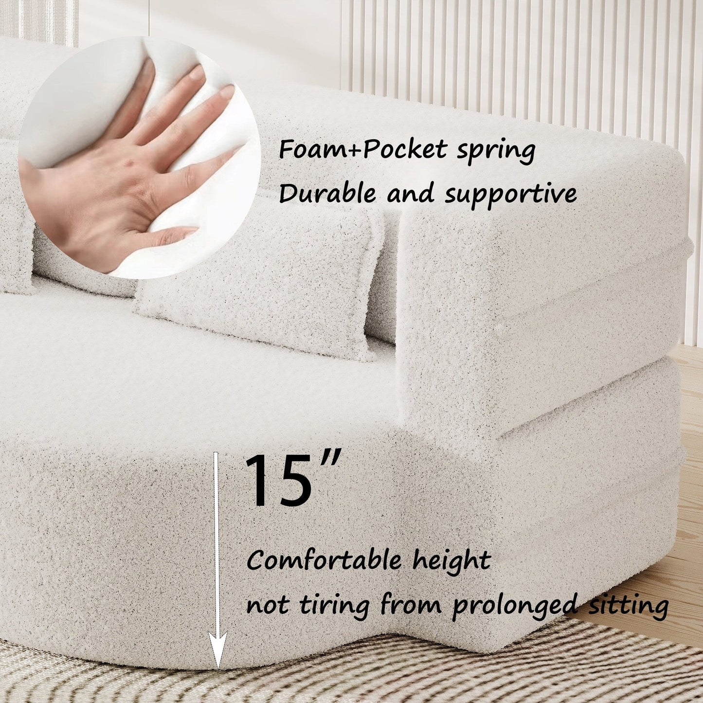 Canapé-lit convertible en tissu Teddy blanc 78 pouces, garni de mousse, avec 2 oreillers et matelas pliant, pour le salon