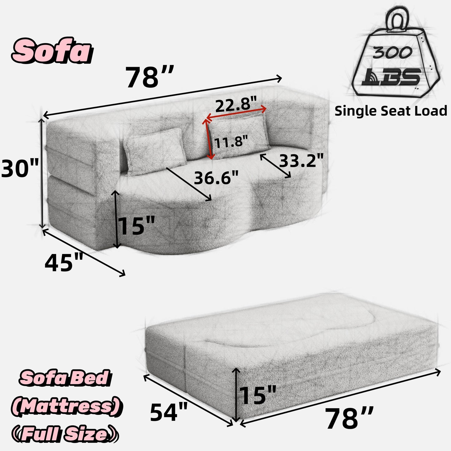 Canapé-lit convertible en tissu Teddy blanc 78 pouces, garni de mousse, avec 2 oreillers et matelas pliant, pour le salon