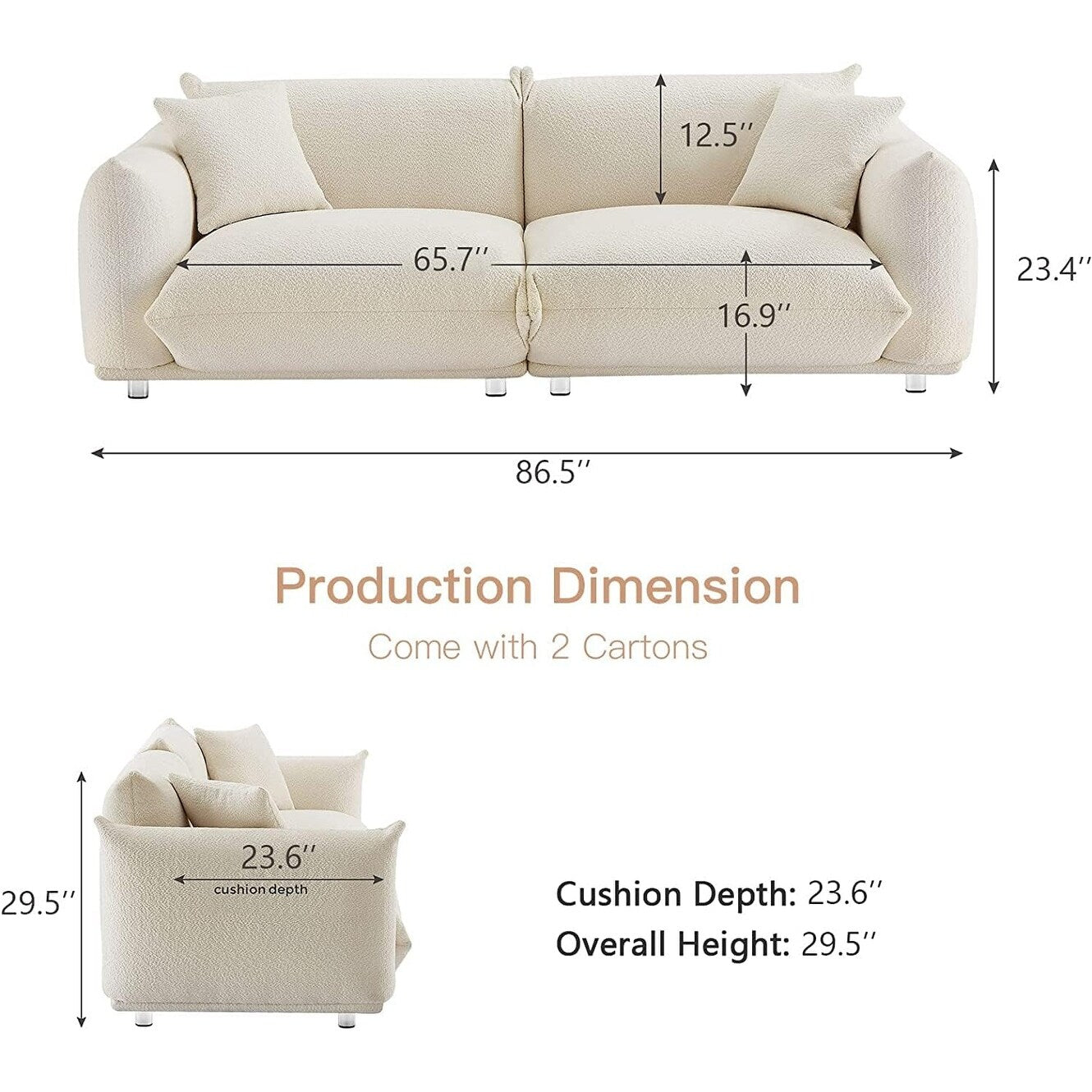 Canapé causeuse surdimensionné blanc 87 avec structure en métal, 2 coussins et revêtement durable