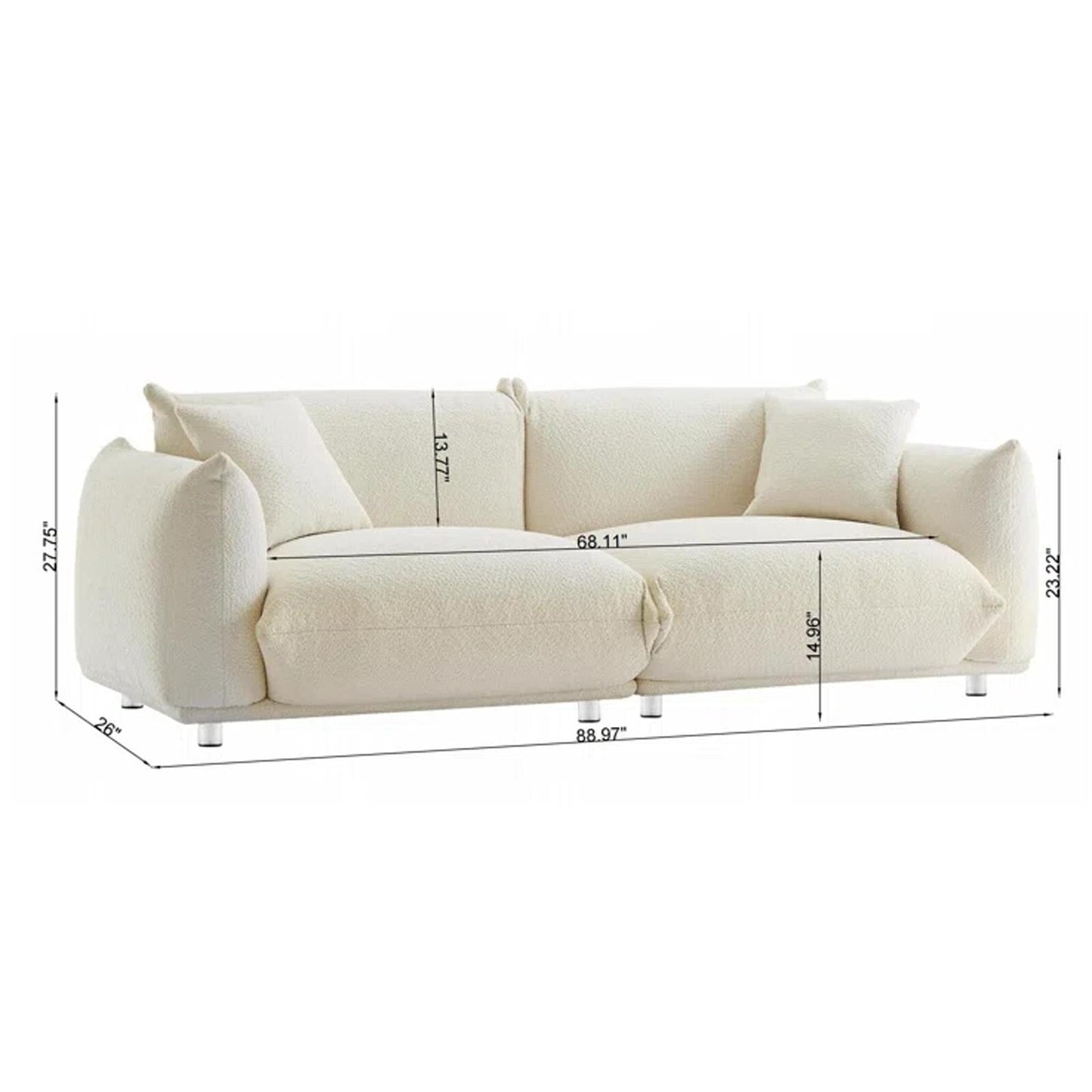 Canapé causeuse surdimensionné blanc 87 avec structure en métal, 2 coussins et revêtement durable