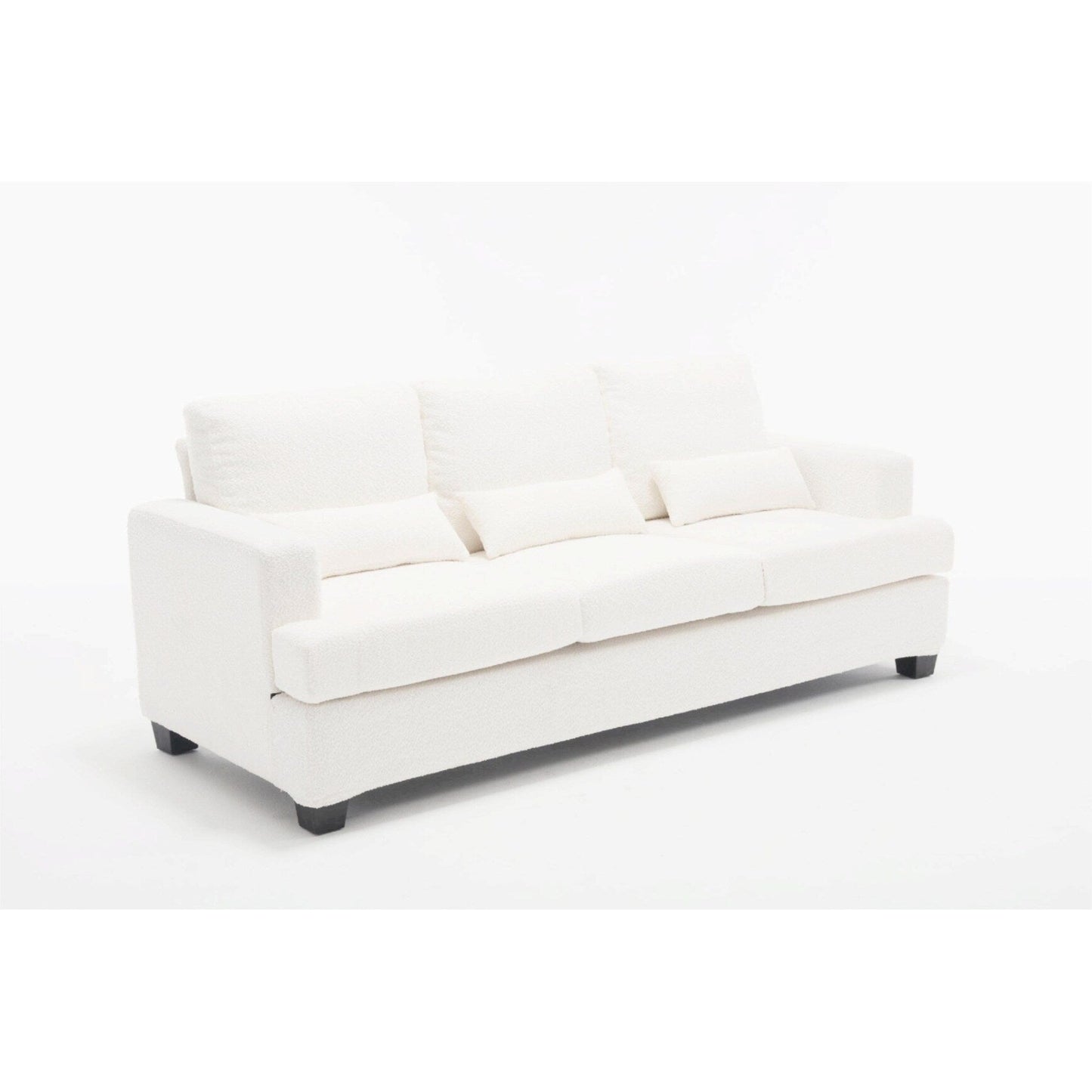 Canapé 3 places moderne en tissu blanc 88,4, avec 3 coussins, coussins de dossier amovibles, structure en bois dur et acier
