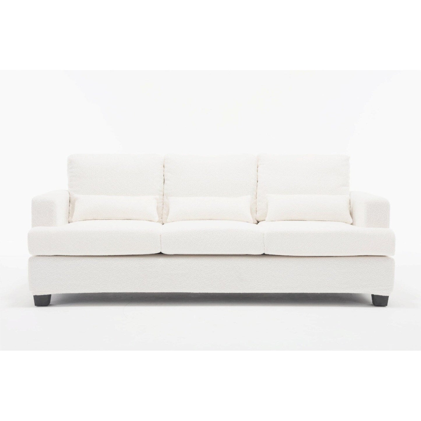 Canapé 3 places moderne en tissu blanc 88,4, avec 3 coussins, coussins de dossier amovibles, structure en bois dur et acier