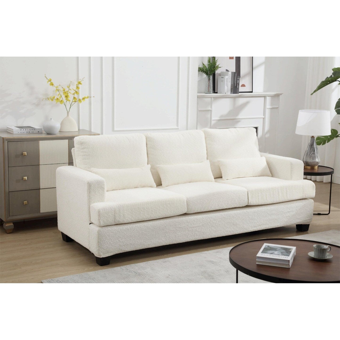 Canapé 3 places moderne en tissu blanc 88,4, avec 3 coussins, coussins de dossier amovibles, structure en bois dur et acier