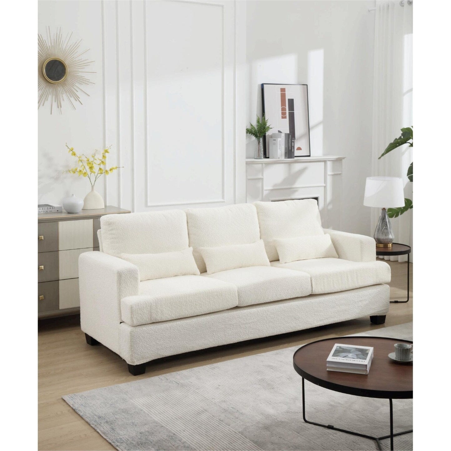 Canapé 3 places moderne en tissu blanc 88,4, avec 3 coussins, coussins de dossier amovibles, structure en bois dur et acier