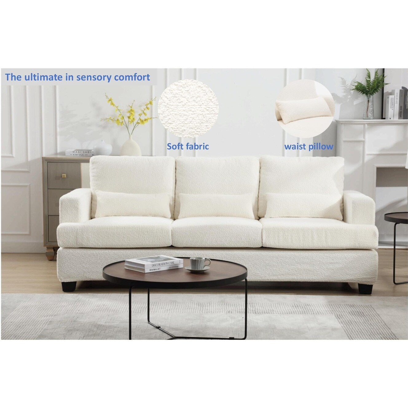 Canapé 3 places moderne en tissu blanc 88,4, avec 3 coussins, coussins de dossier amovibles, structure en bois dur et acier