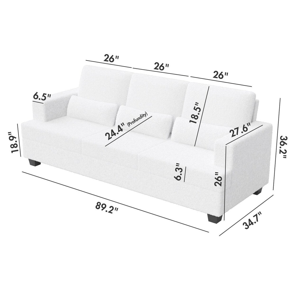 Canapé 3 places moderne en tissu blanc 88,4, avec 3 coussins, coussins de dossier amovibles, structure en bois dur et acier