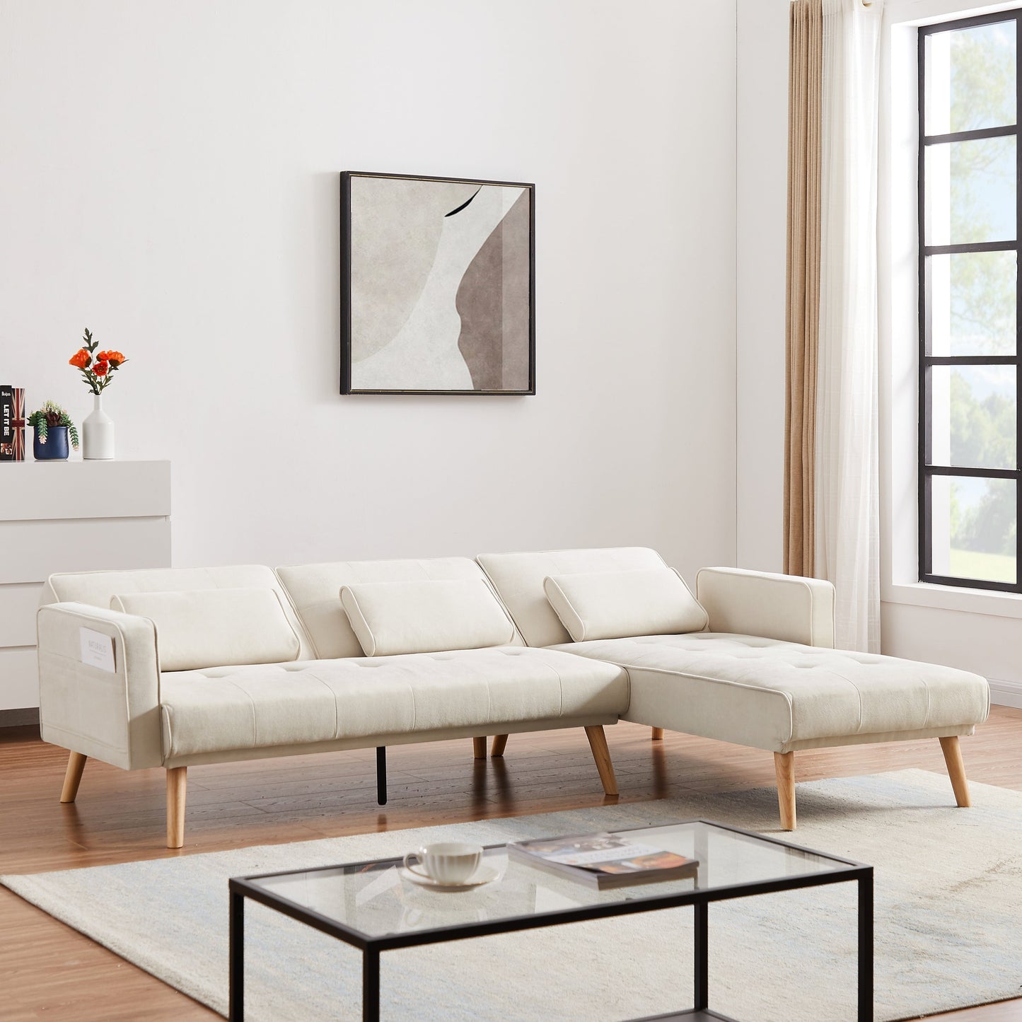 Canapé sectionnel convertible 3 places en lin blanc de 94,5 po avec méridienne et sac de rangement