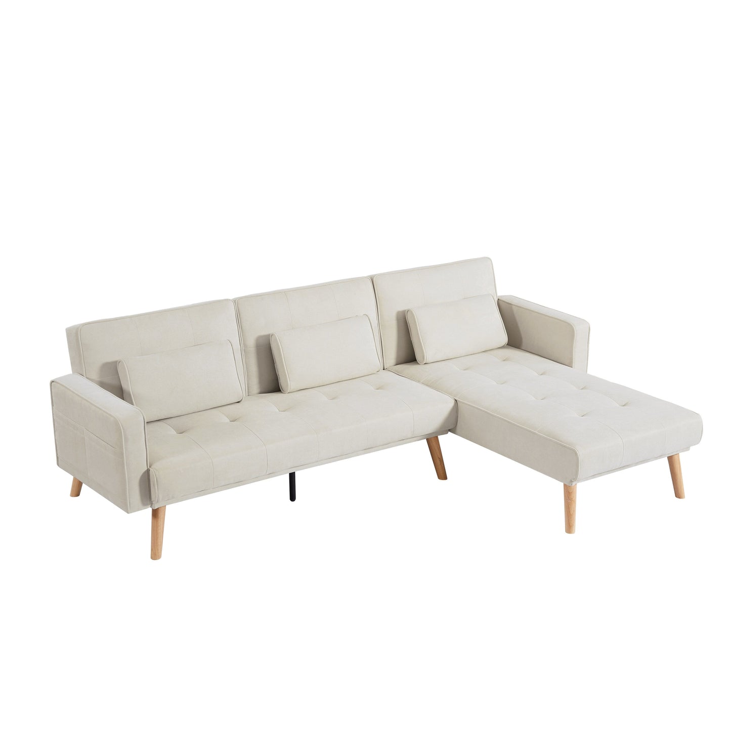 Canapé sectionnel convertible 3 places en lin blanc de 94,5 po avec méridienne et sac de rangement