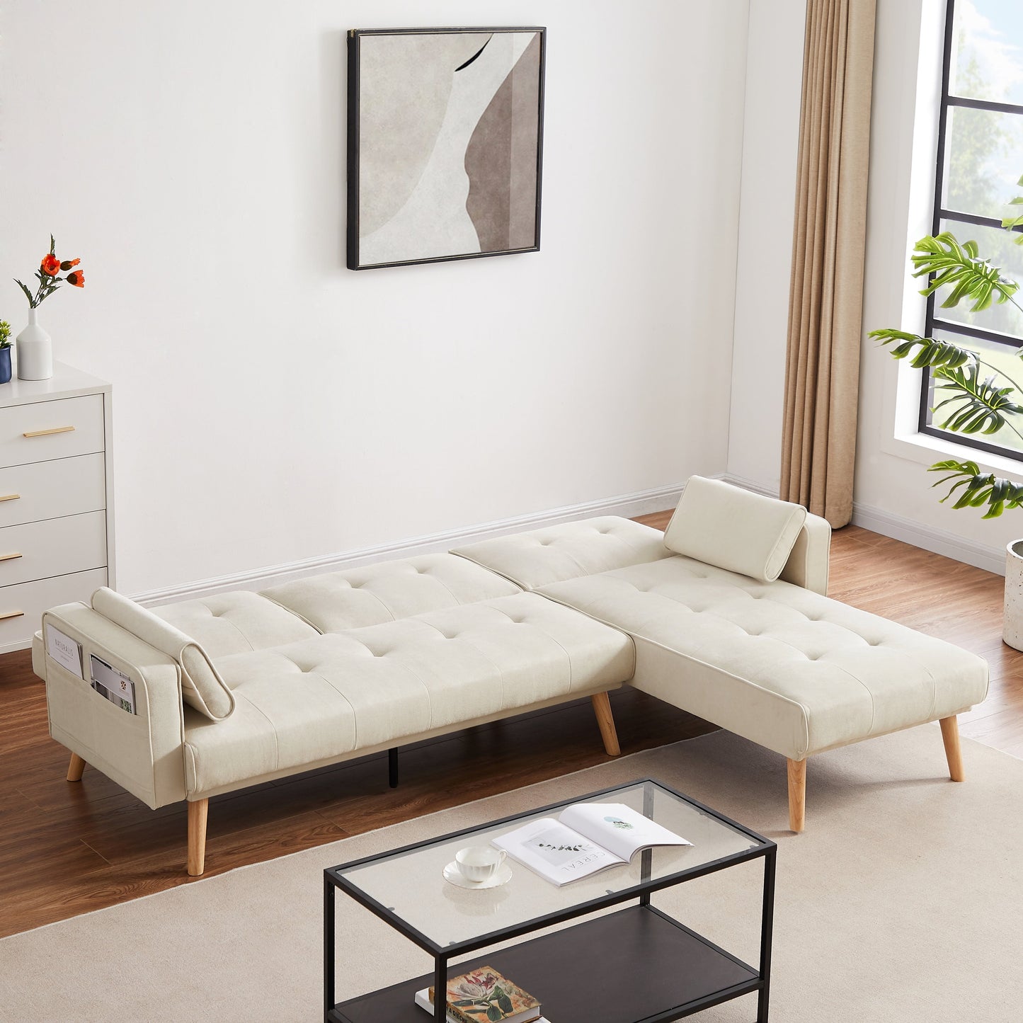 Canapé sectionnel convertible 3 places en lin blanc de 94,5 po avec méridienne et sac de rangement