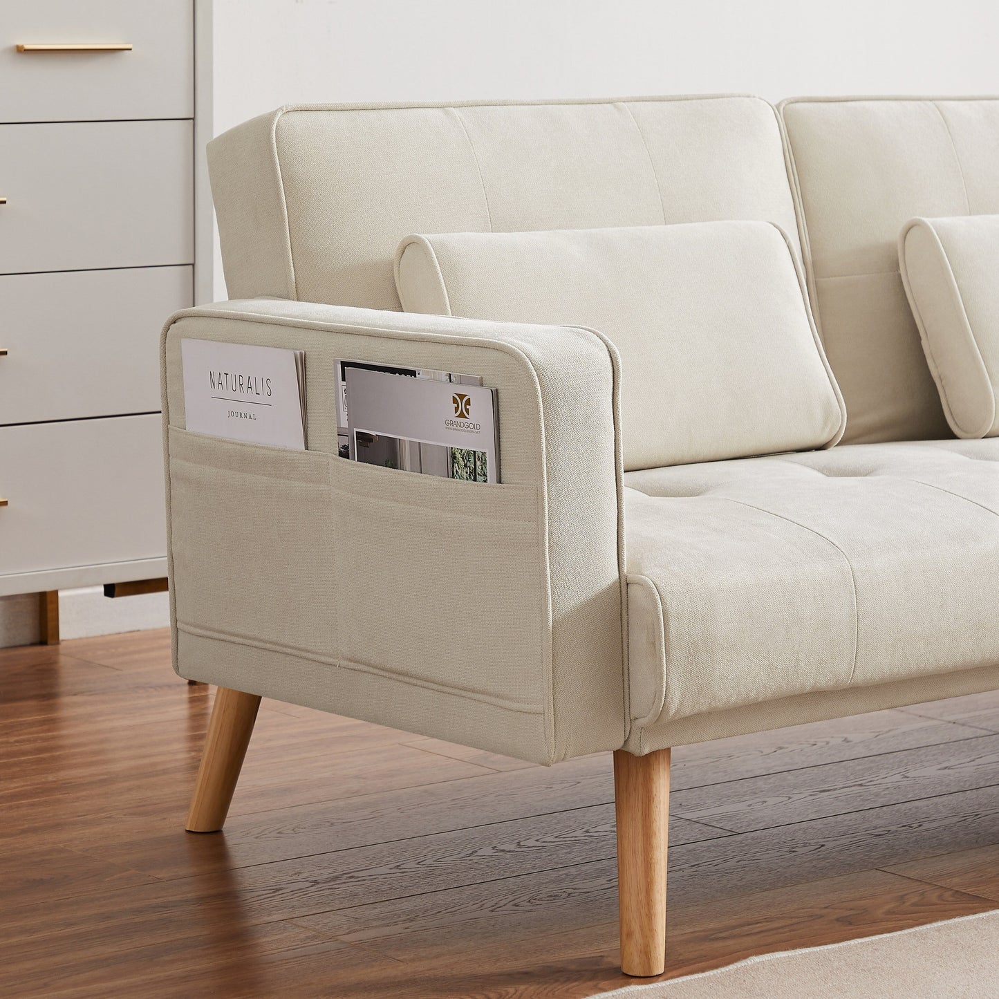 Canapé sectionnel convertible 3 places en lin blanc de 94,5 po avec méridienne et sac de rangement