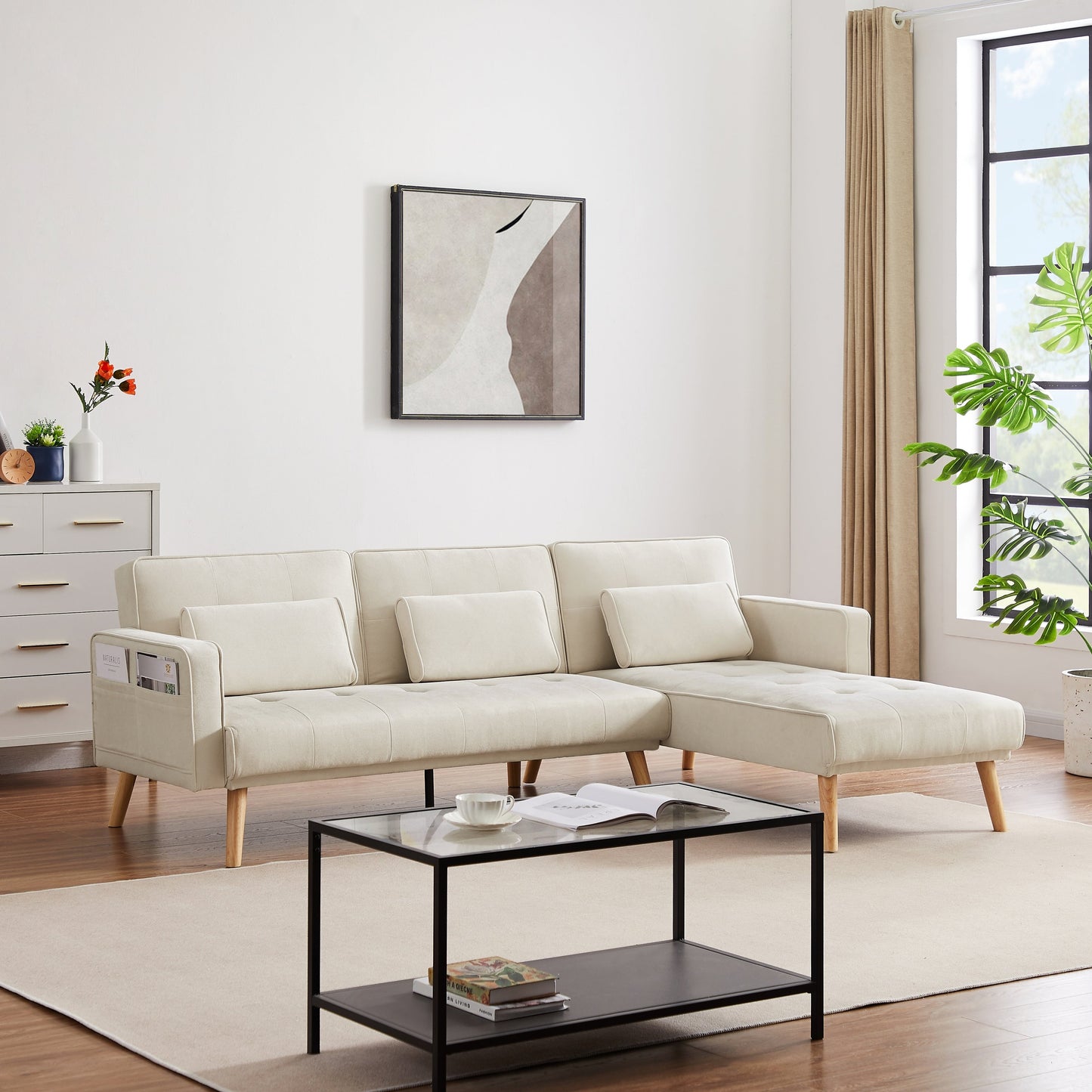 Canapé sectionnel convertible 3 places en lin blanc de 94,5 po avec méridienne et sac de rangement