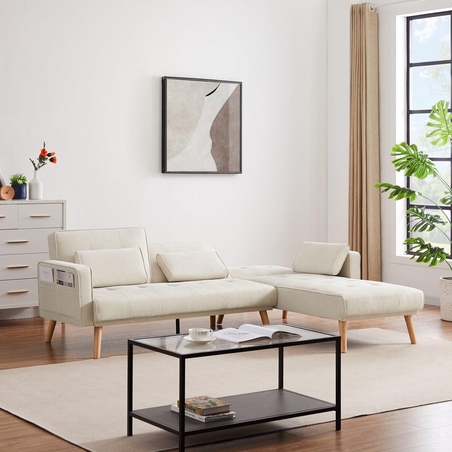 Canapé sectionnel convertible 3 places en lin blanc de 94,5 po avec méridienne et sac de rangement