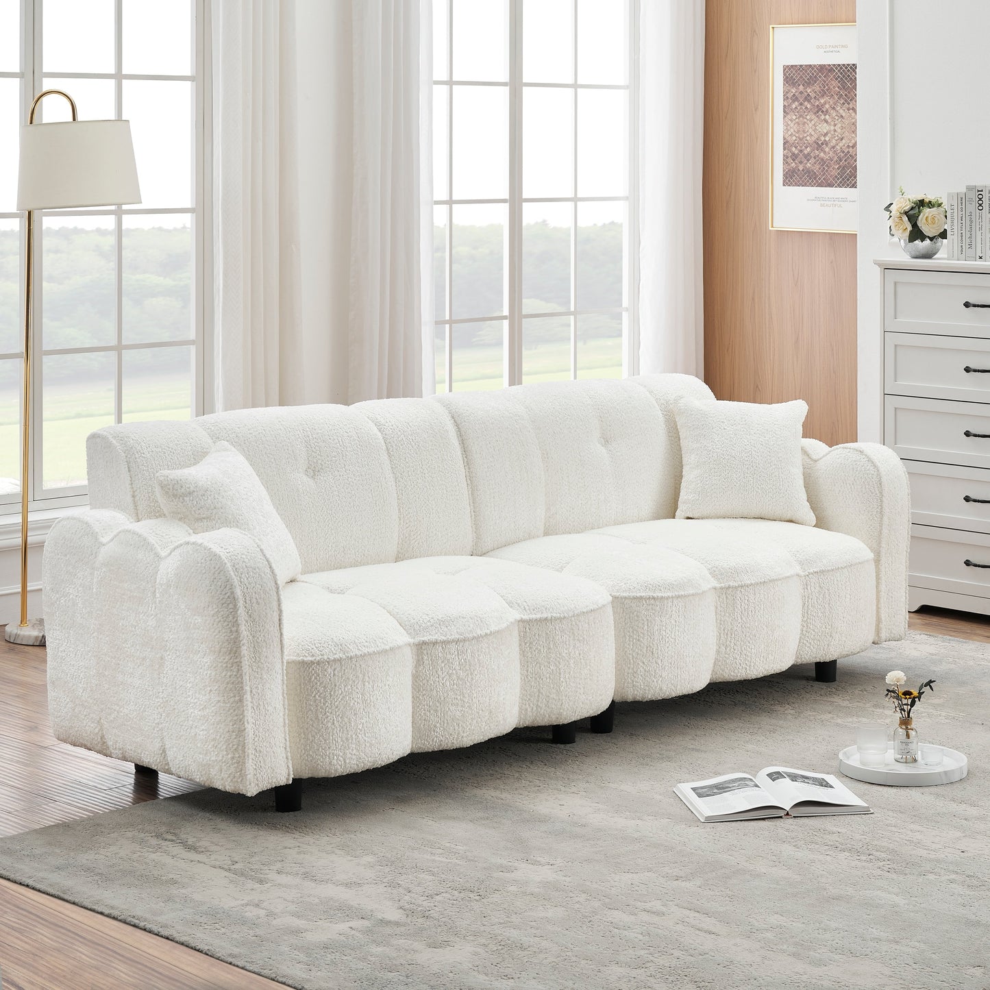 Canapé 3 places en peluche Teddy blanc 96.06, design nuage, avec assise en mousse épaisse et coussins pour le salon