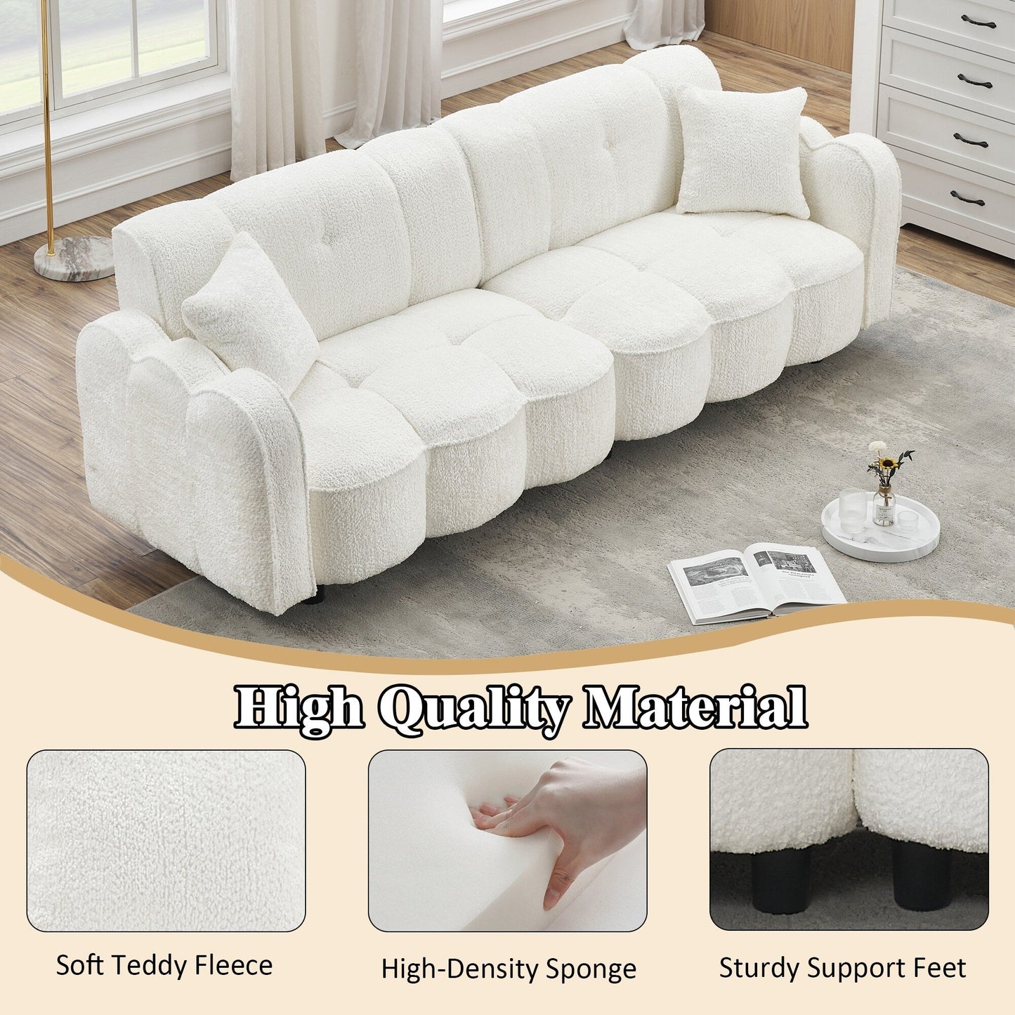 Canapé 3 places en peluche Teddy blanc 96.06, design nuage, avec assise en mousse épaisse et coussins pour le salon