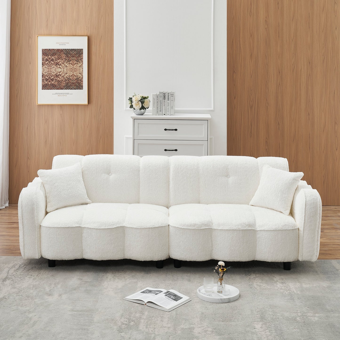 Canapé 3 places en peluche Teddy blanc 96.06, design nuage, avec assise en mousse épaisse et coussins pour le salon