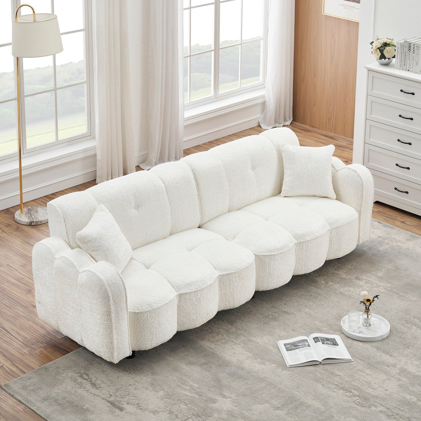 Canapé 3 places en peluche Teddy blanc 96.06, design nuage, avec assise en mousse épaisse et coussins pour le salon