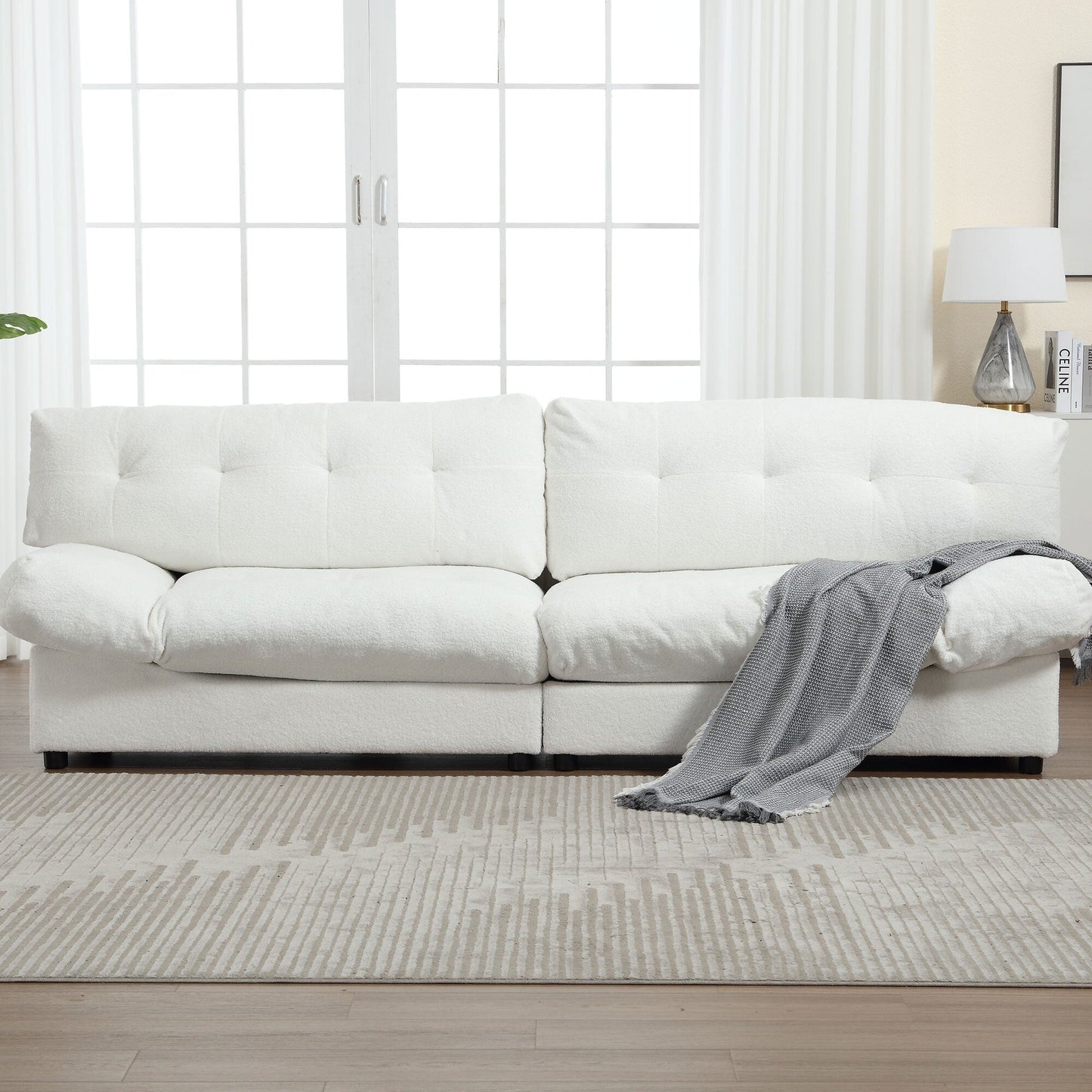 Canapé 2 places en tissu blanc 96,46 pouces avec motif nuage, rembourrage confortable et pieds en plastique pour le salon
