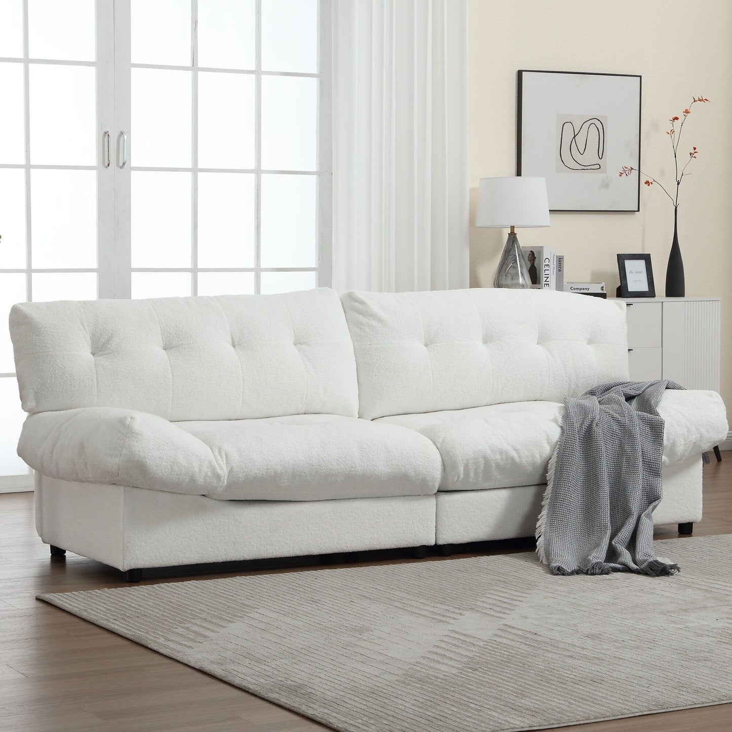 Canapé 2 places en tissu blanc 96,46 pouces avec motif nuage, rembourrage confortable et pieds en plastique pour le salon