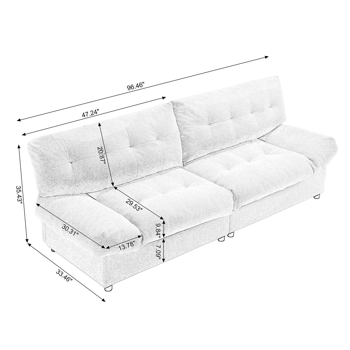 Canapé 2 places en tissu blanc 96,46 pouces avec rembourrage confortable, style nuage et pieds en plastique pour le salon