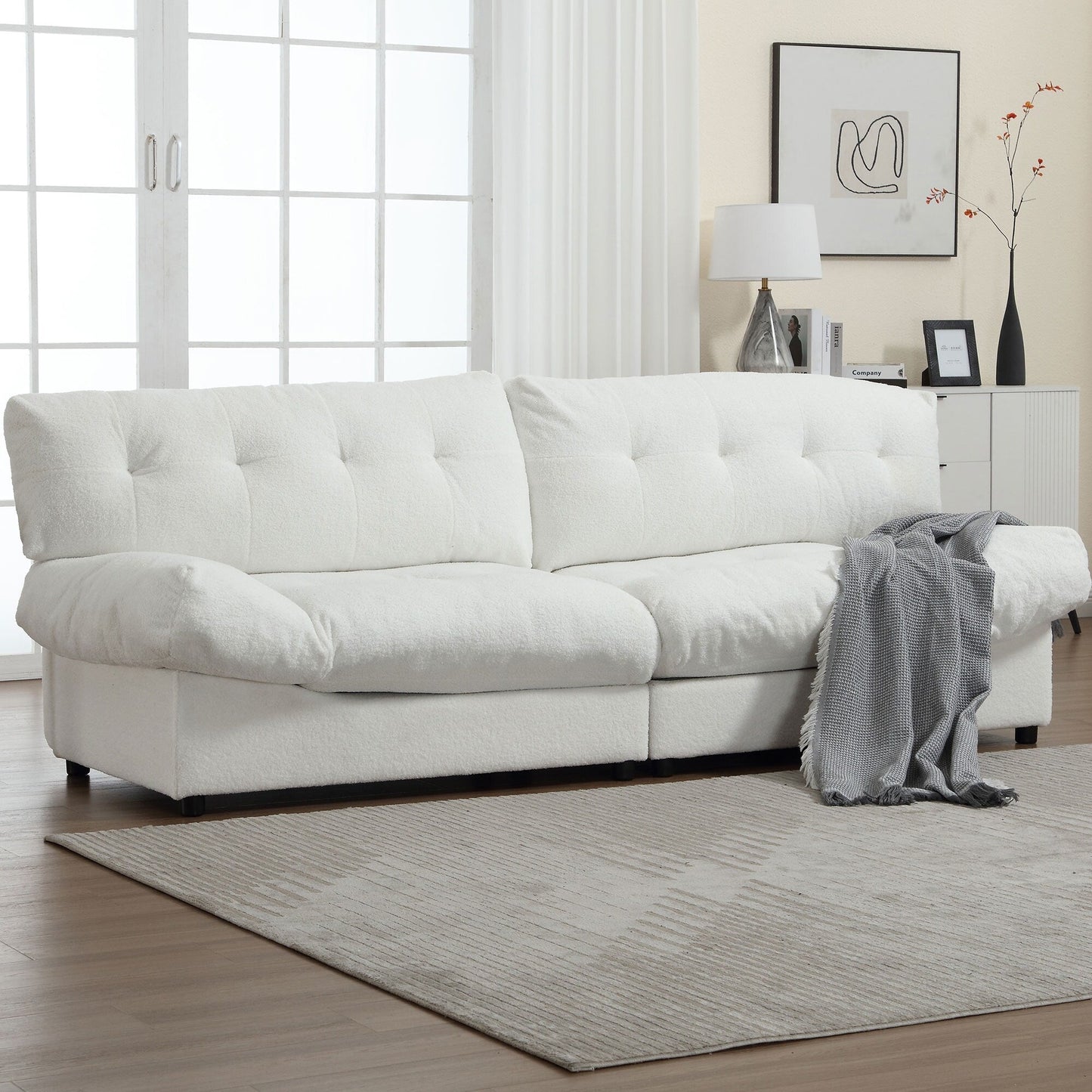 Canapé 2 places en tissu blanc 96,46 pouces avec rembourrage confortable, style nuage et pieds en plastique pour le salon