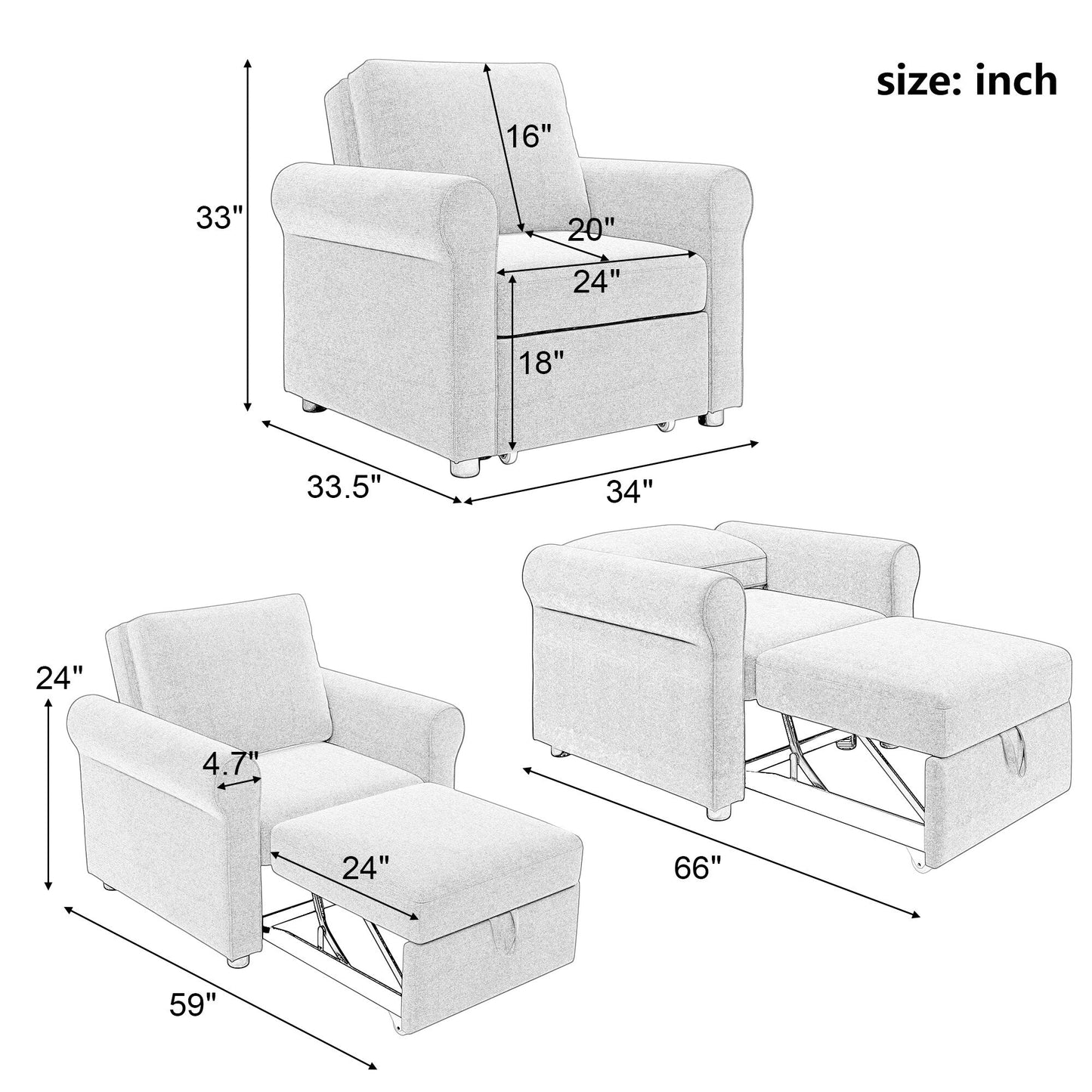 Canapé-lit simple convertible 3 en 1 en lin blanc moderne 34 avec dossier réglable pour salon