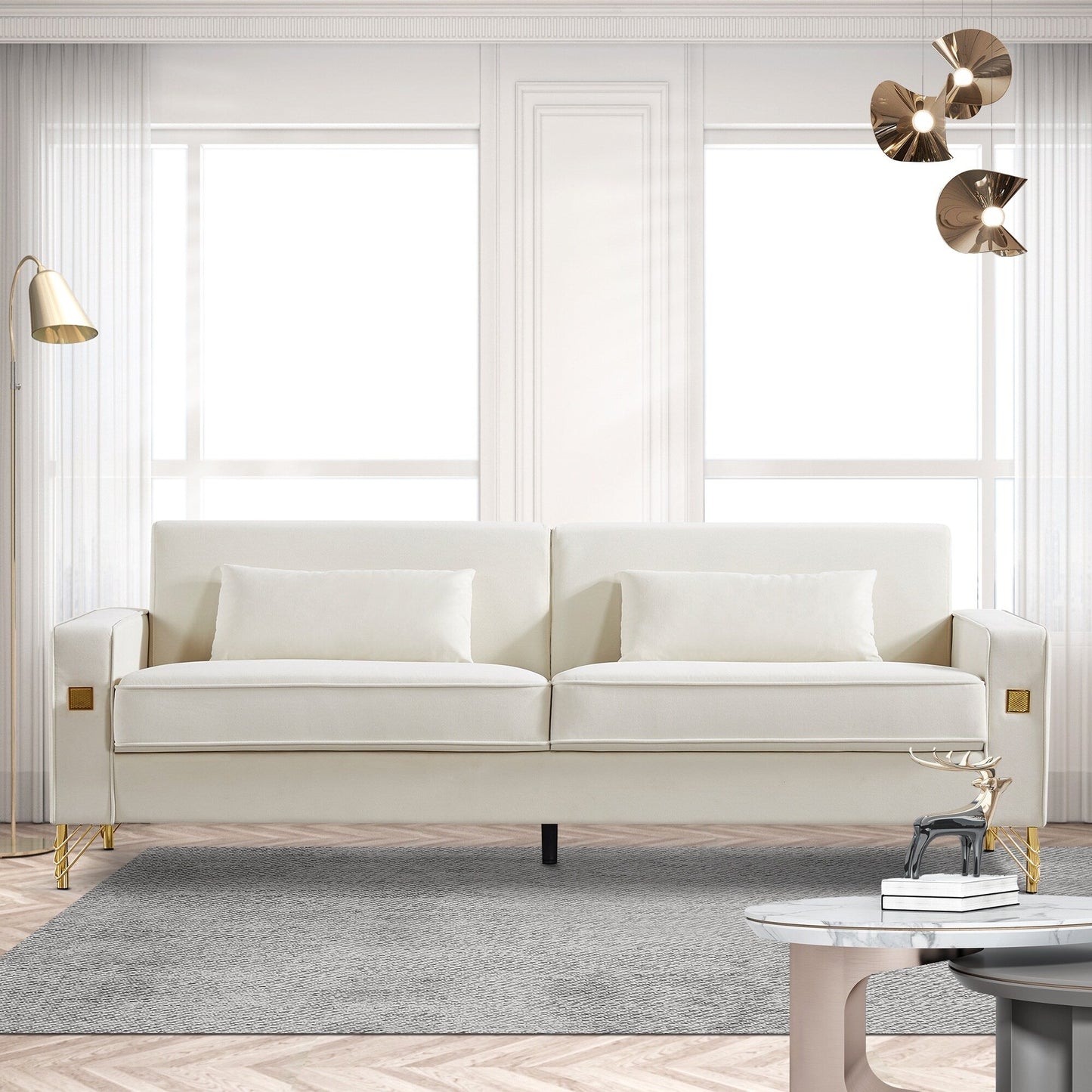 Canapé causeuse moderne blanc 85,44 po, rembourré en velours, avec pieds et coussins dorés, pour le salon
