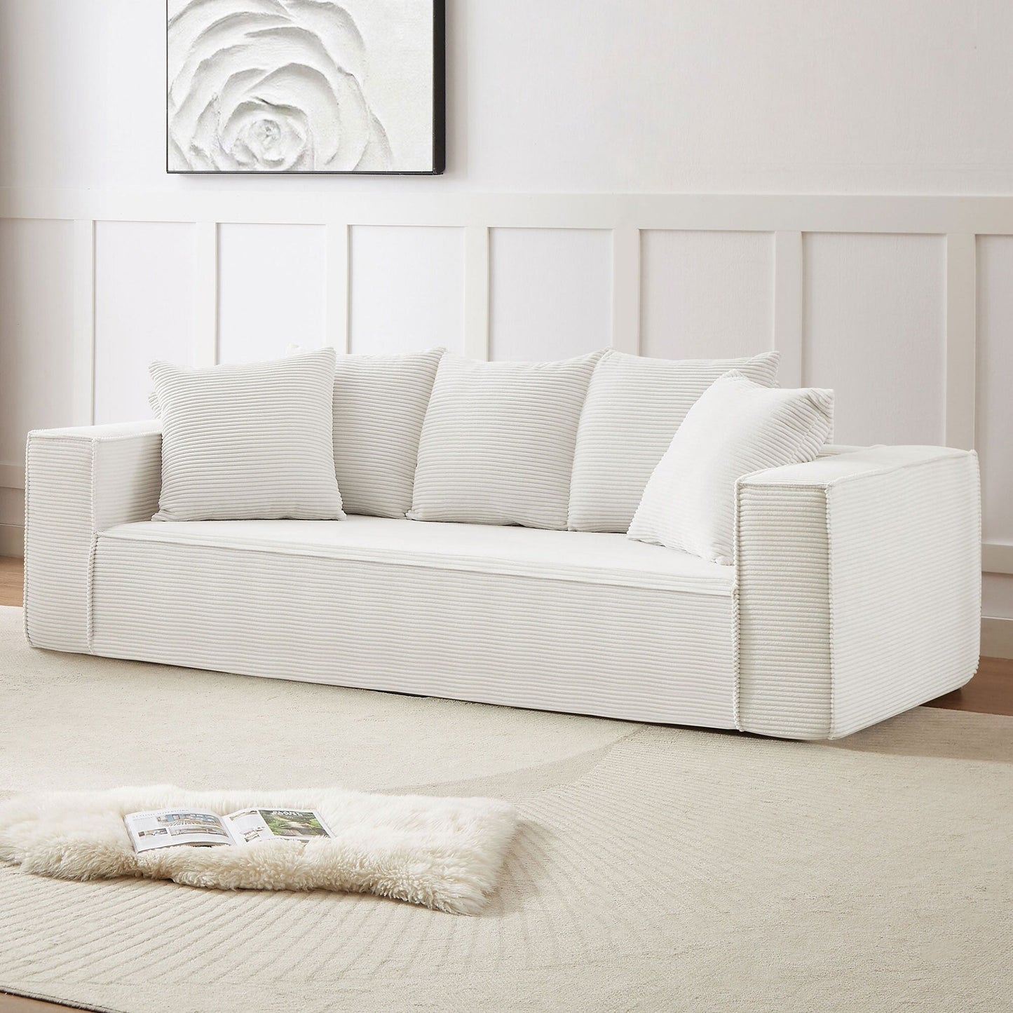 Canapé d'extérieur 3 places rembourré en velours côtelé blanc moderne (88,97 $) avec 5 coussins assortis pour le salon