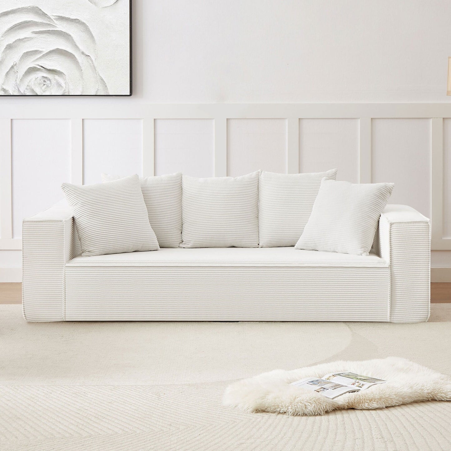 Canapé d'extérieur 3 places rembourré en velours côtelé blanc moderne (88,97 $) avec 5 coussins assortis pour le salon