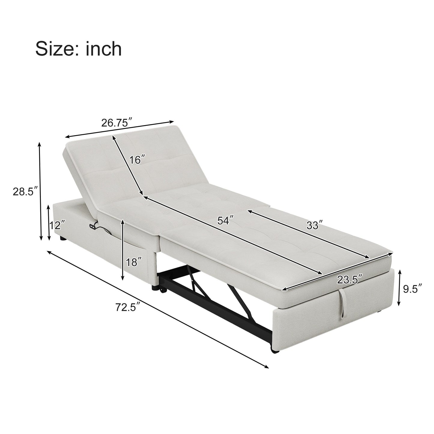 Canapé-lit ottoman 4 en 1 en lin blanc multifonction 72,5" avec poche de rangement et port USB pour le salon