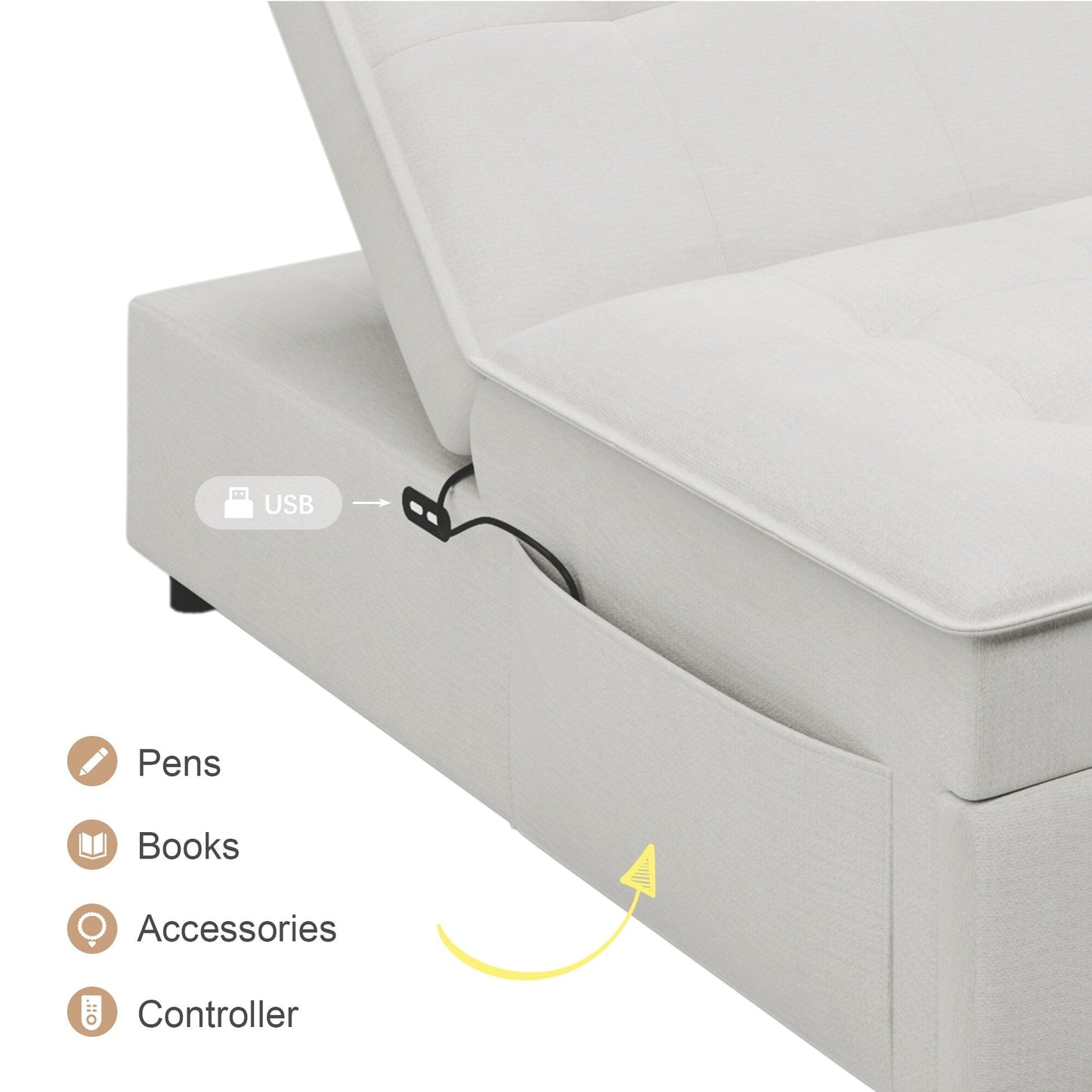 Canapé-lit ottoman 4 en 1 en lin blanc multifonction 72,5" avec poche de rangement et port USB pour le salon