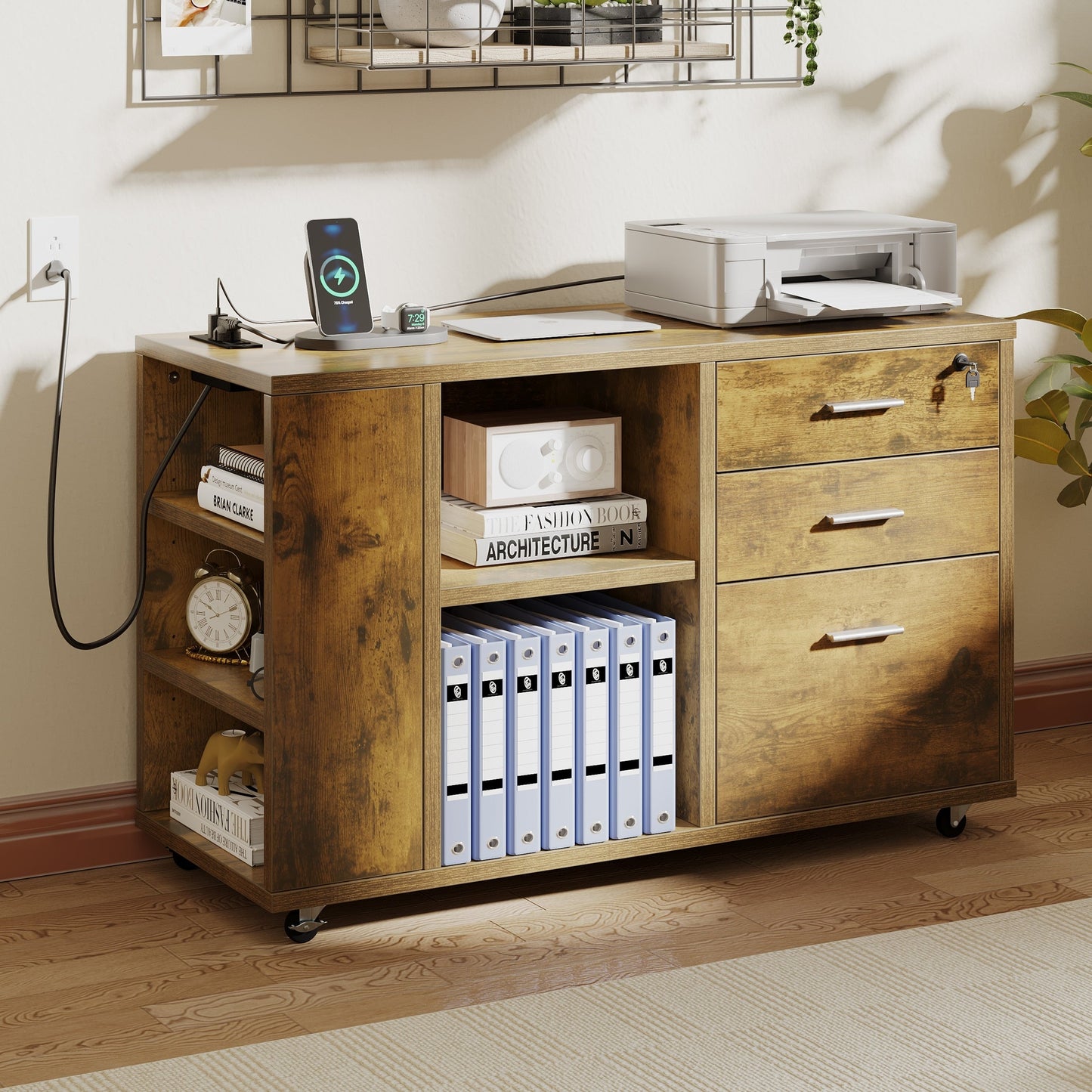 Wood File Cabinet with Charging Station Mobile Lateral Filing Cabinet Lockable Fits A4 Letter Legal Size Files