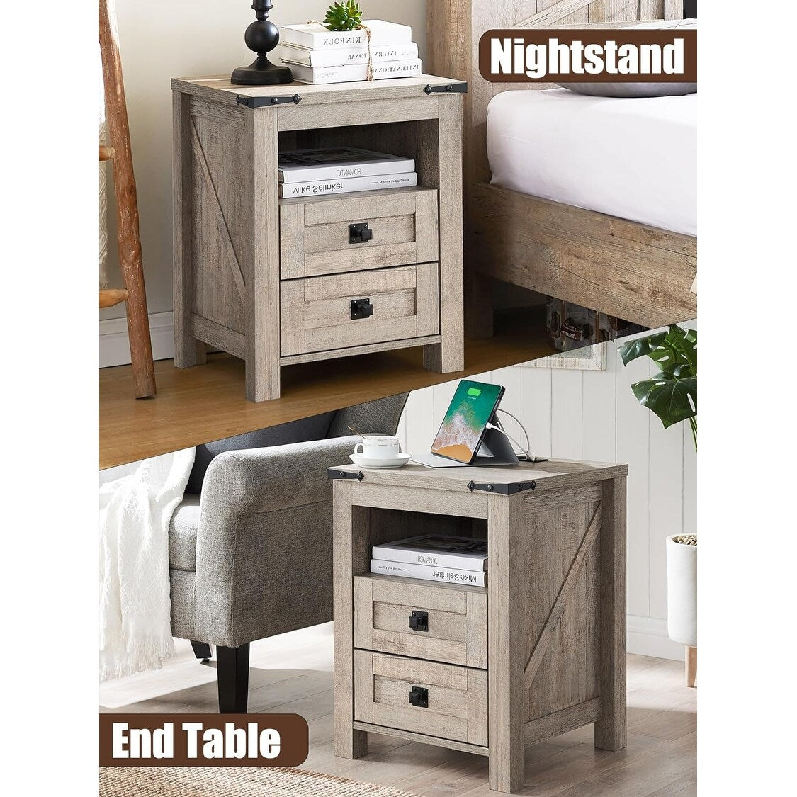 Farmhouse Nightstand with Charging Station, End Table, Side Table