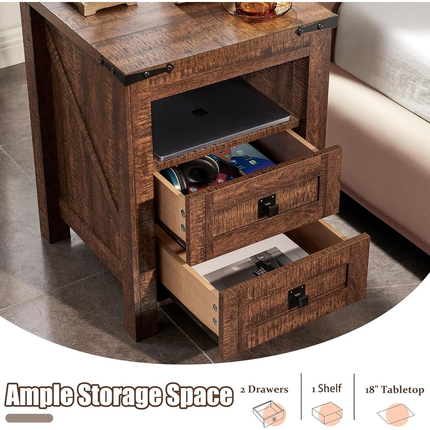 Farmhouse Nightstand with Charging Station, End Table, Side Table