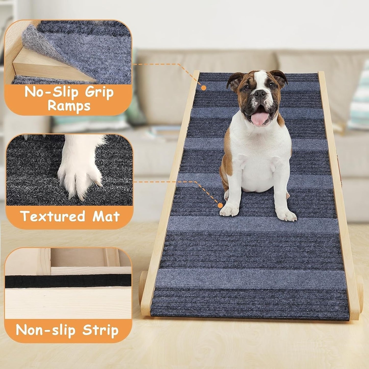 Wooden Dog Ramp Adjustable Folding Portable Pet Ramp with Sticky Roller - Natural - 41 x 15.7 x 4