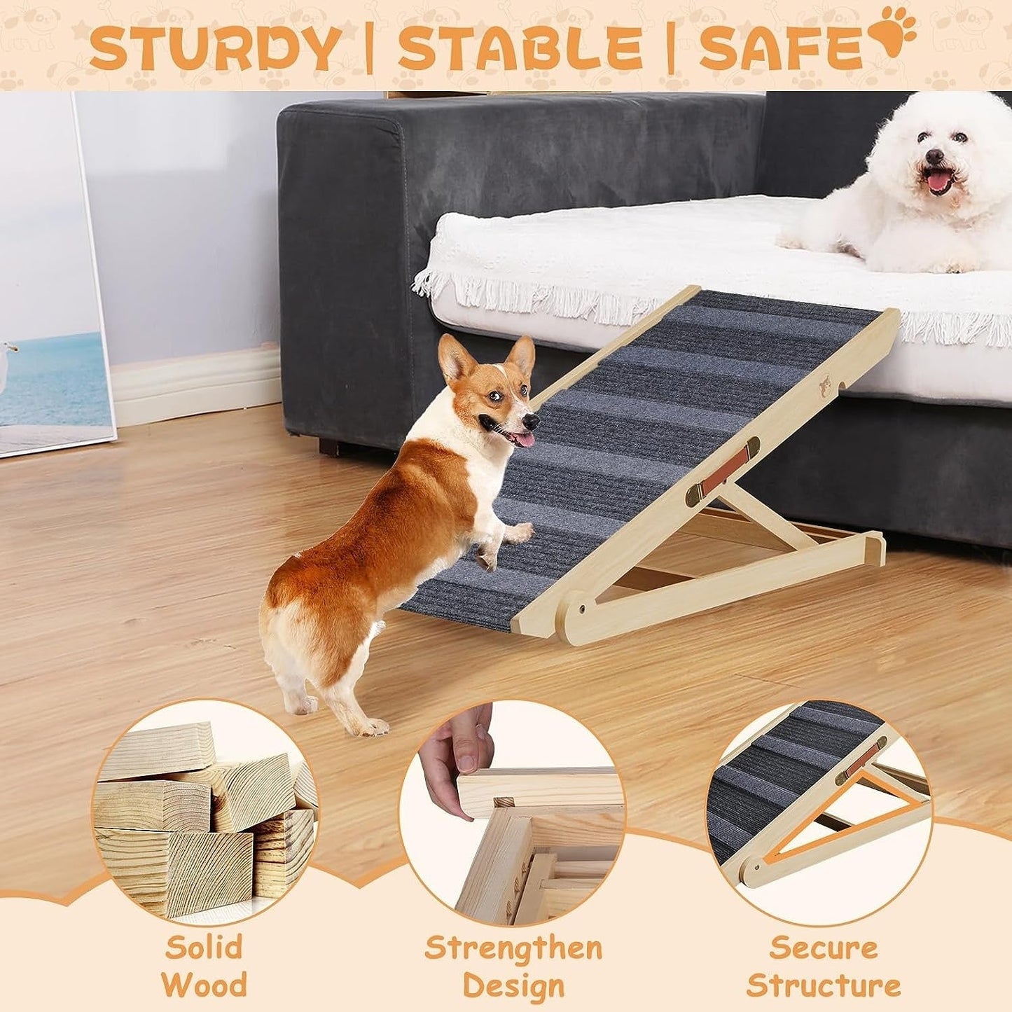 Wooden Dog Ramp Adjustable Folding Portable Pet Ramp with Sticky Roller - Natural - 41 x 15.7 x 4