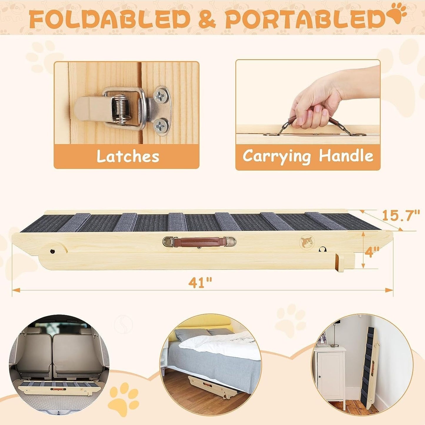 Wooden Dog Ramp Adjustable Folding Portable Pet Ramp with Sticky Roller - Natural - 41 x 15.7 x 4