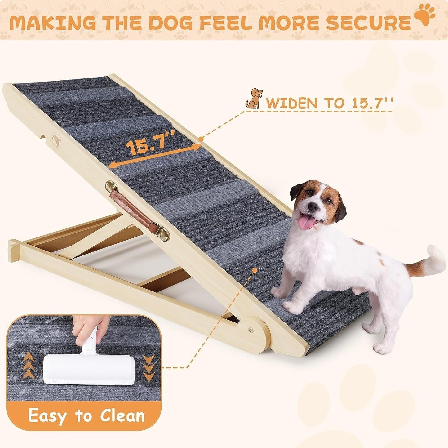 Wooden Dog Ramp Adjustable Folding Portable Pet Ramp with Sticky Roller - Natural - 41 x 15.7 x 4