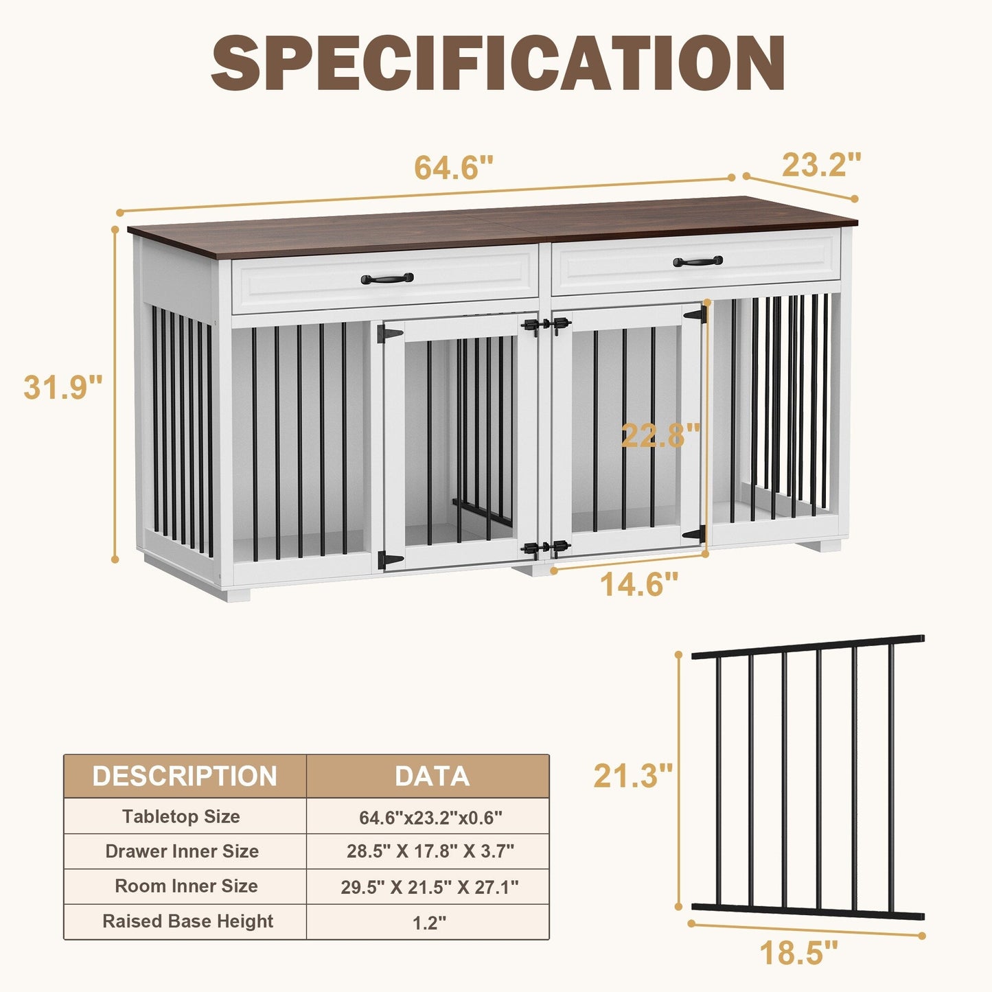 Wooden Double Dog Crate Kennel Furniture with 2 Drawers & Divider