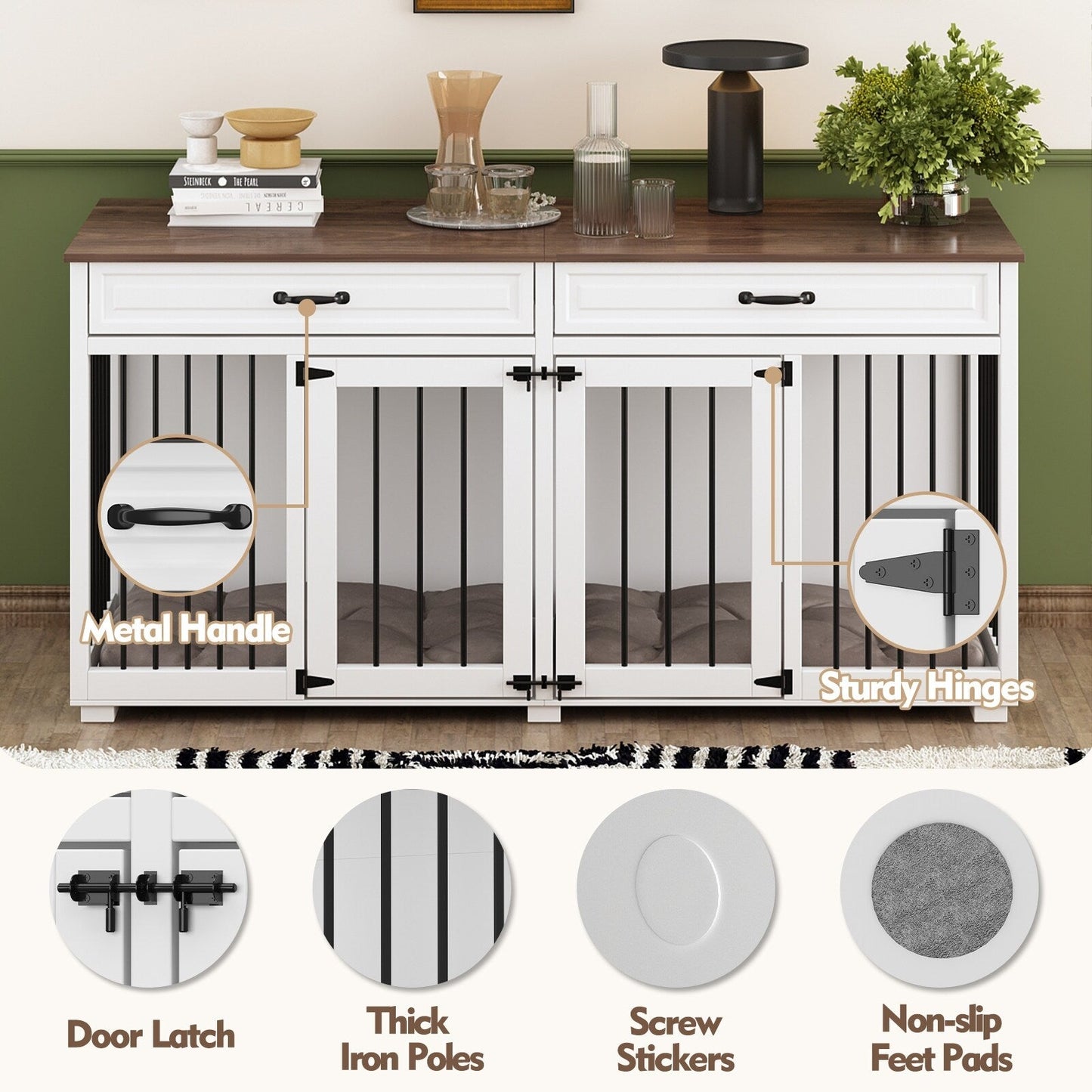 Wooden Double Dog Crate Kennel Furniture with 2 Drawers & Divider